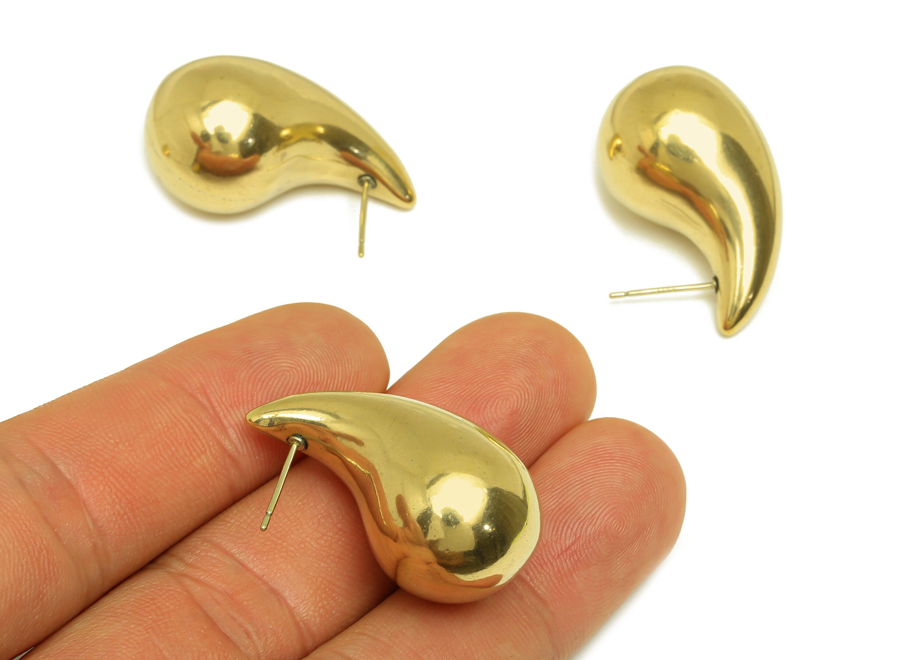 Brass Teardrop Earring Stud - Raw Brass Thick Drop Earring Post - Brass Cubic Thick Drop Earring Post - Silver Stud - 33x17x17.3mm - PP10549 - DOMEDBAZAAR