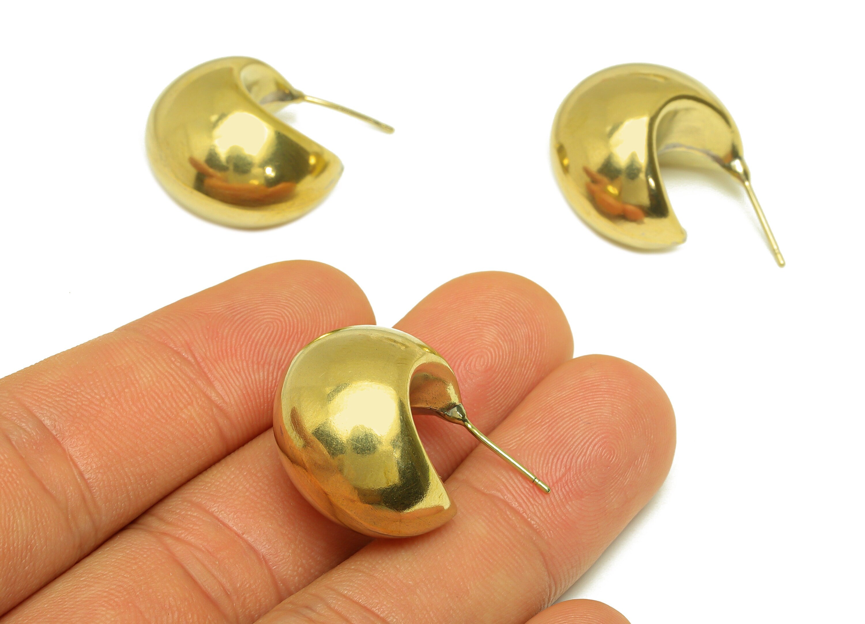 Brass Hoop C Earring Stud - Raw Brass Thick Crescent Hoop Earring Post - Brass Open Hoop Earring Post - Silver Stud - 22x20x16.7mm - PP10576 - DOMEDBAZAAR