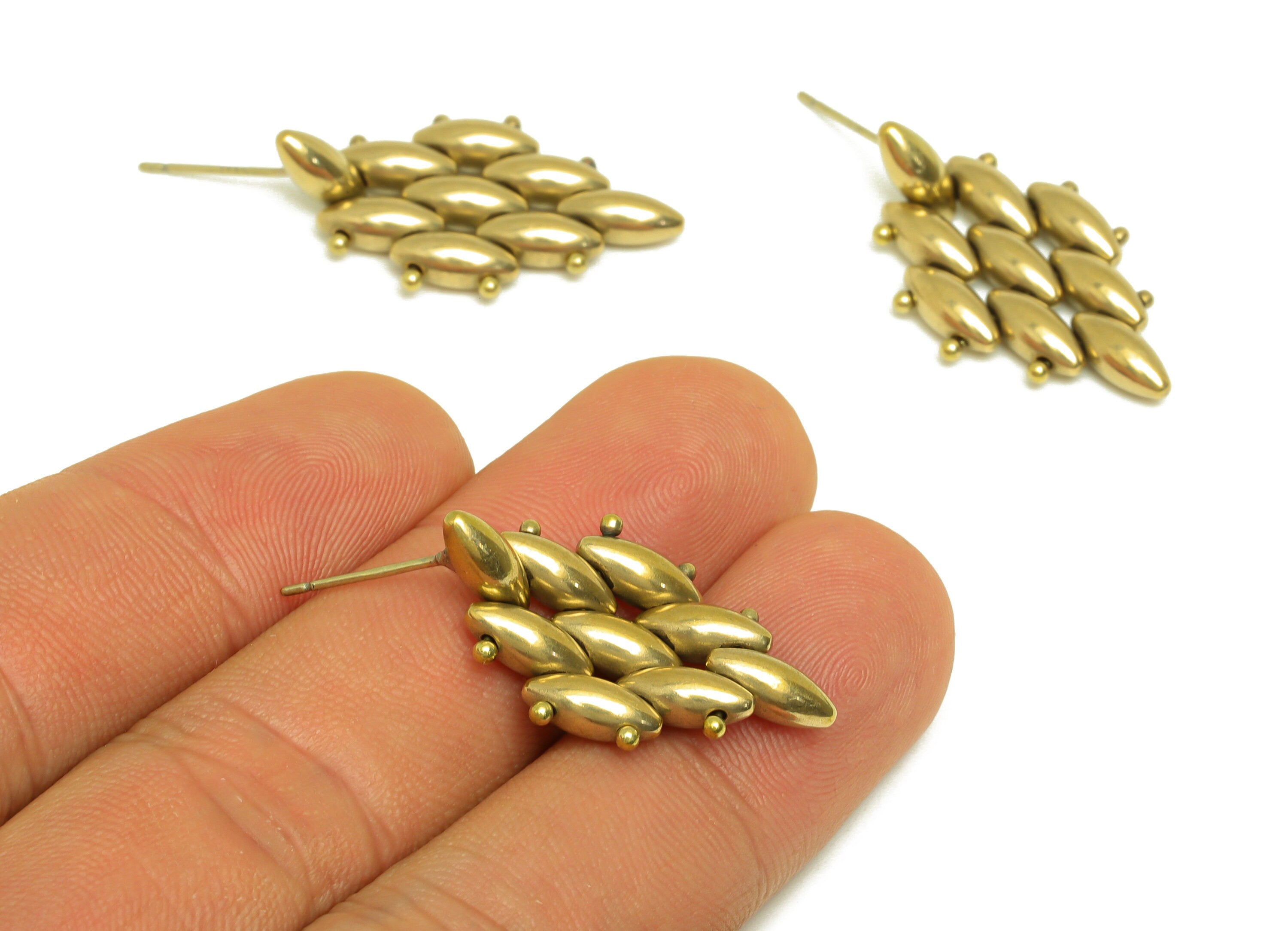 Brass Mesh Earring Stud - Raw Brass Rhombic Beaded Earring Post - Brass Beaded Earring Post - Silver Stud - 27x17x3.86mm - PP10574 - DOMEDBAZAAR