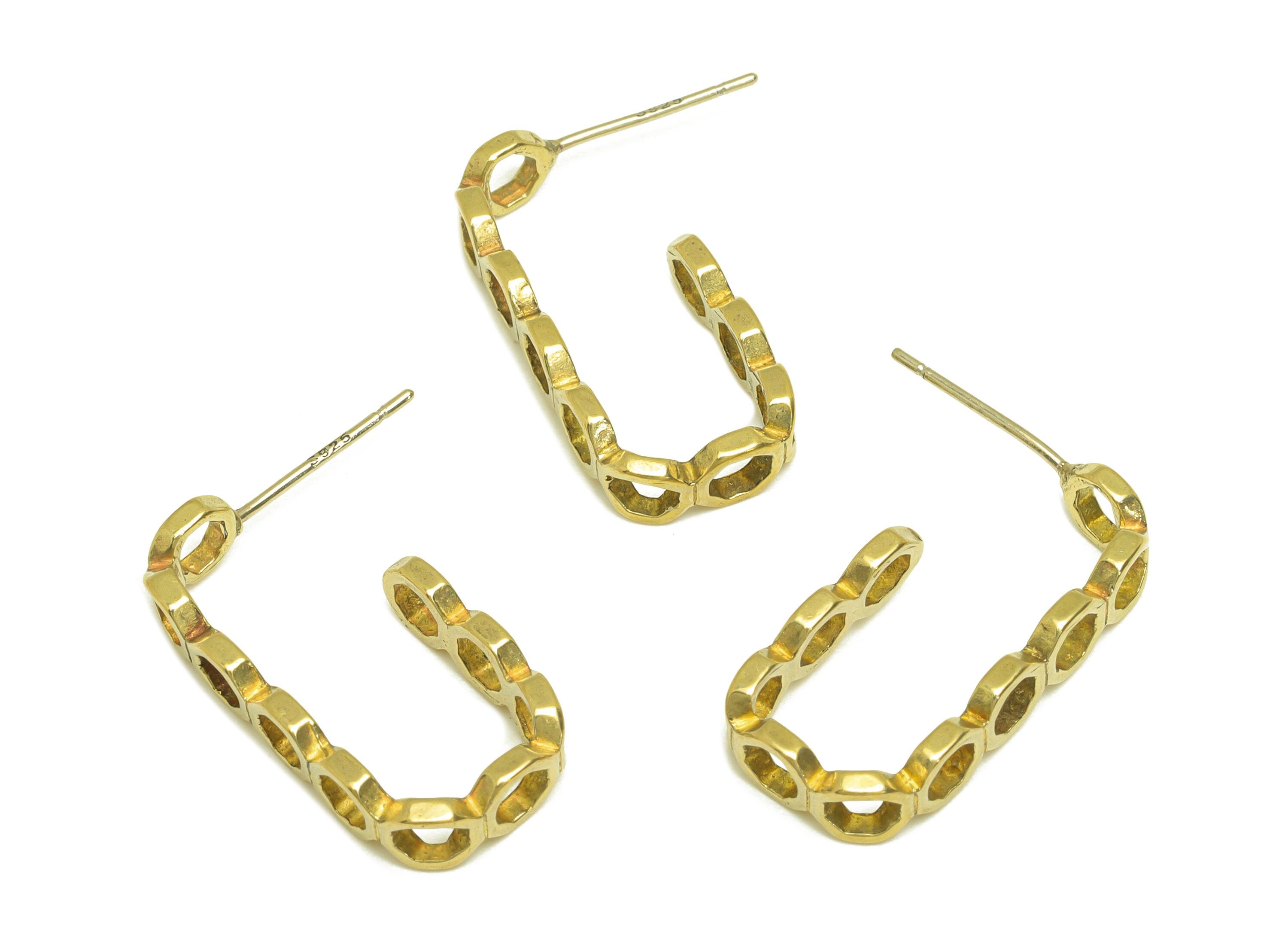 Brass Hoop Earring Stud - Raw Brass Rectangle Earring Post - Brass Open Hoop Hexagon Earring Post - Earring Post - 24x10.5x1.82mm - PP10569 - DOMEDBAZAAR