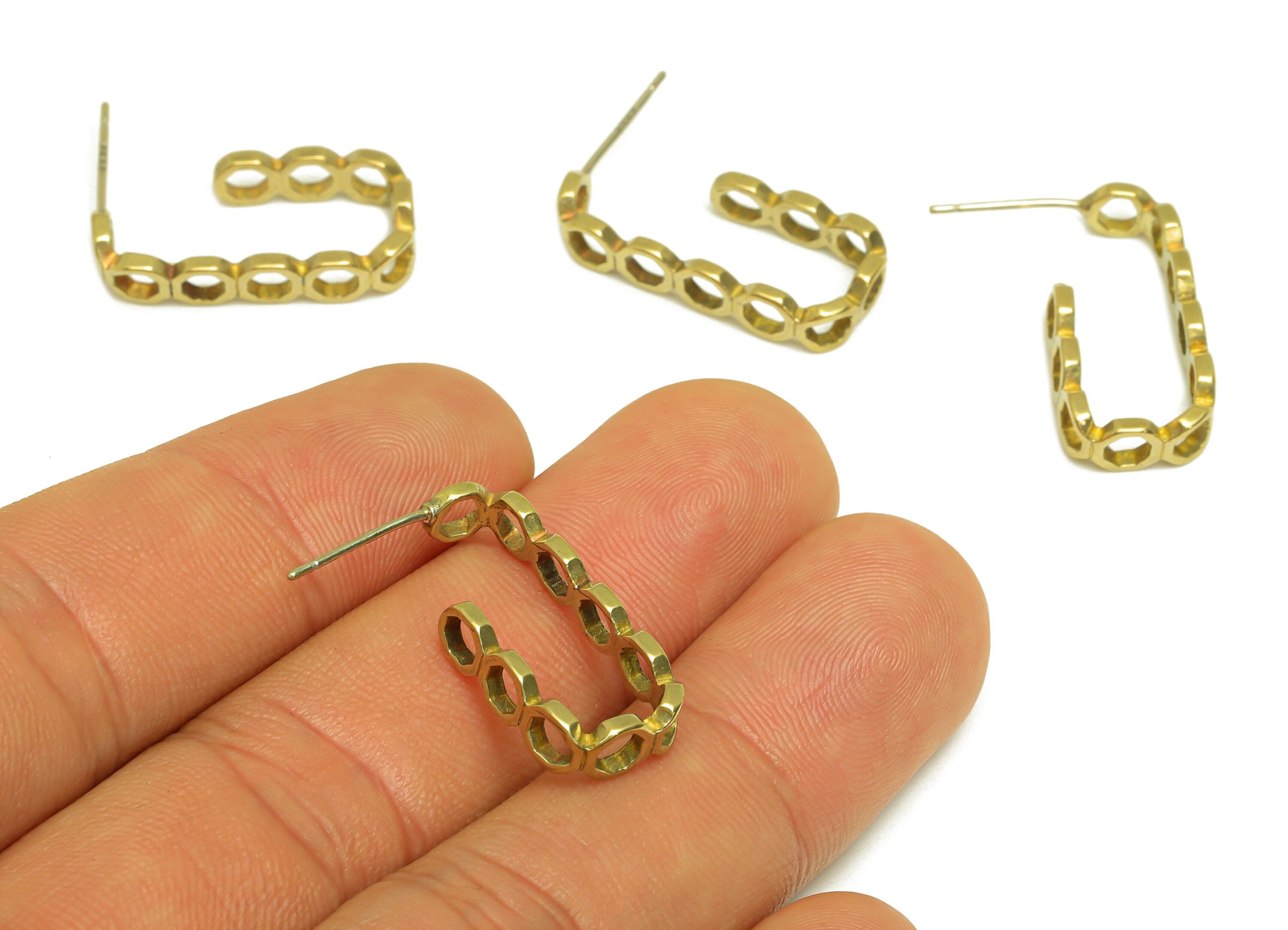 Brass Hoop Earring Stud - Raw Brass Rectangle Earring Post - Brass Open Hoop Hexagon Earring Post - Earring Post - 24x10.5x1.82mm - PP10569 - DOMEDBAZAAR