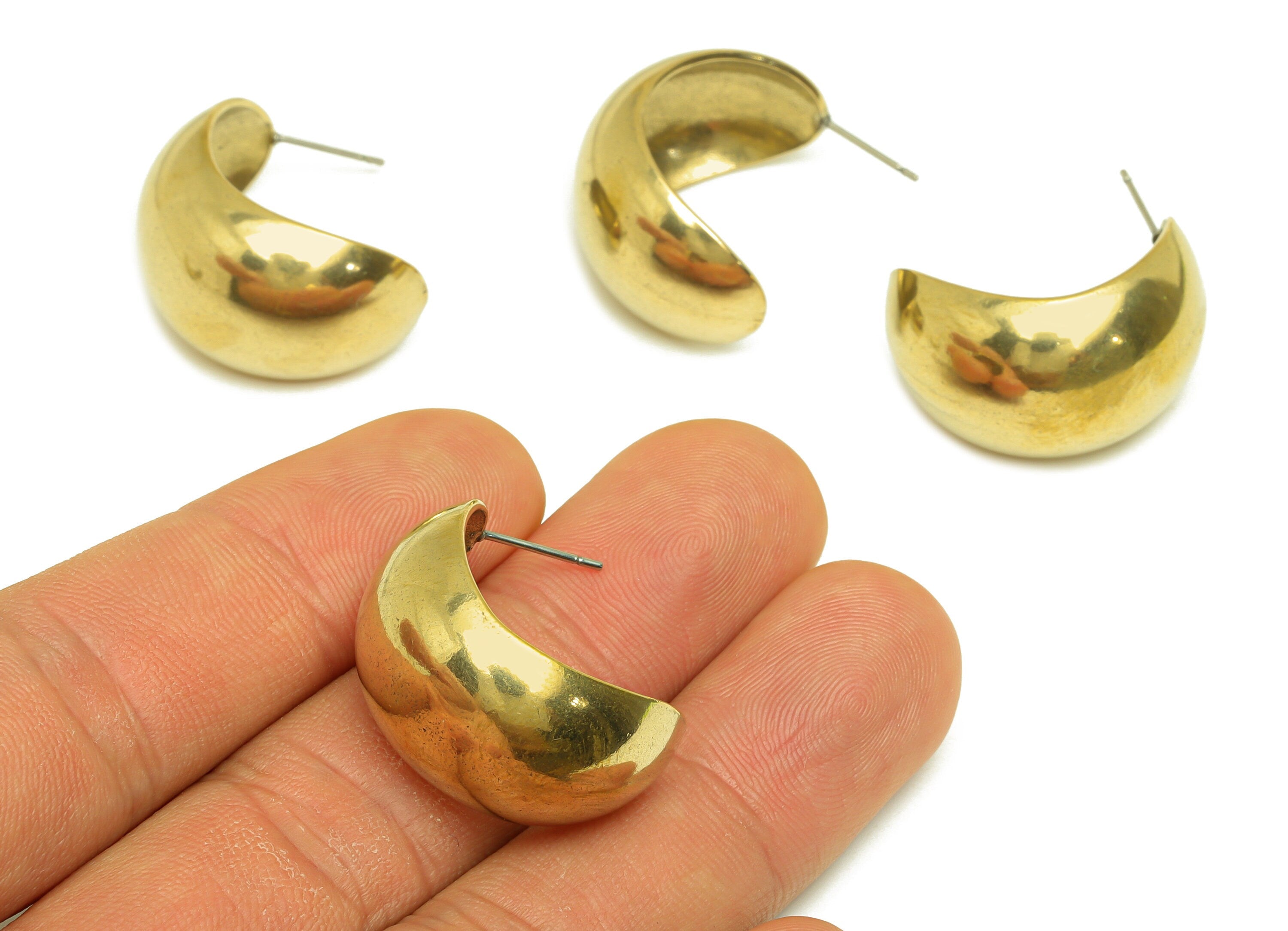 Brass Hoop C Earring Stud - Raw Brass Wide Hoop Earring Post - Brass Open Hoop Thick Earring Post - Stainless Steel - 25.5x18x15mm - PP10607 - DOMEDBAZAAR