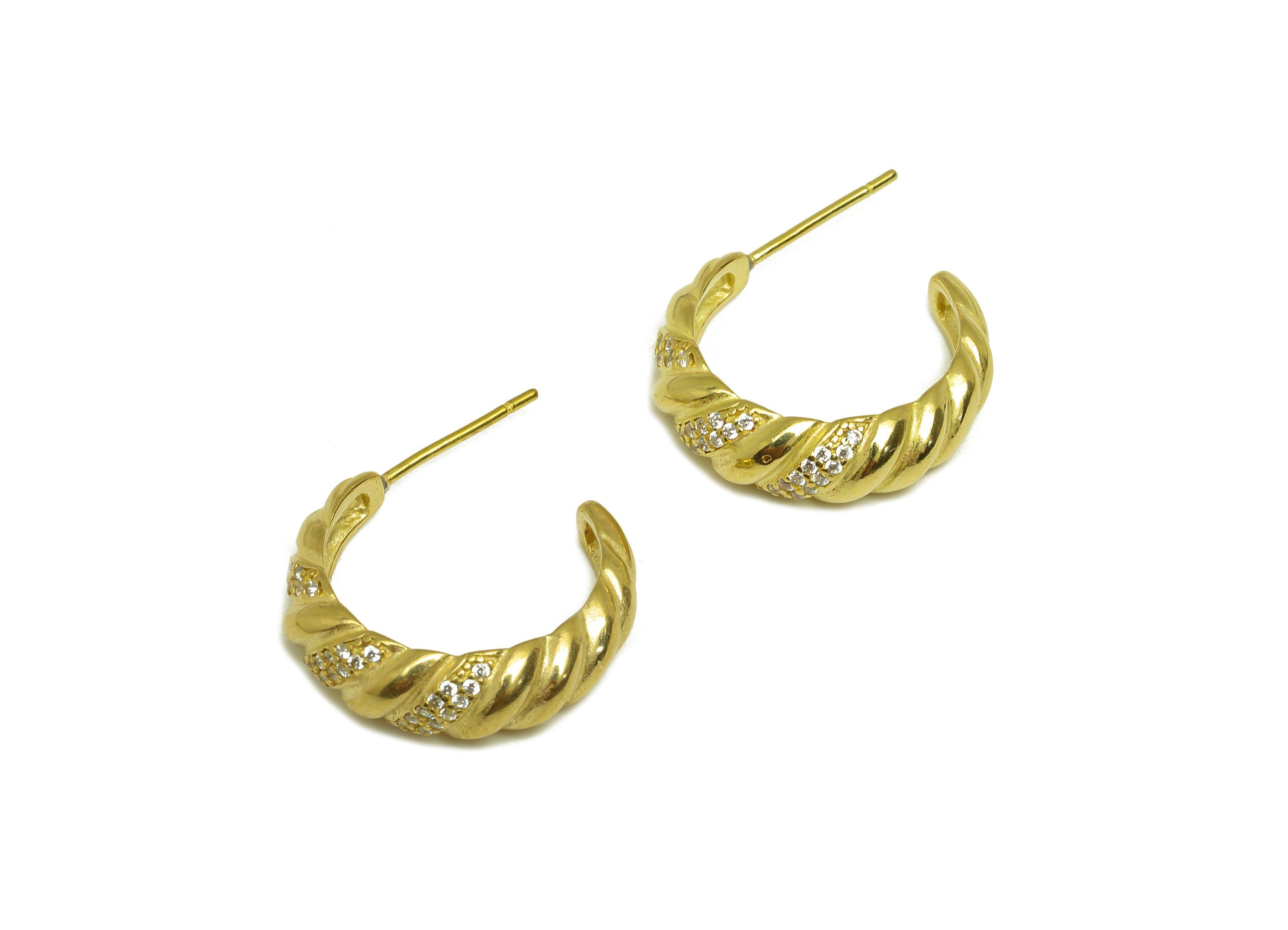 Brass Hoop C CZ Earring Stud - Raw Brass Hoop Earring Post - Brass Cubic Zircon Textured Earring Post - Silver Stud - 21x18x6mm - PP10573 - DOMEDBAZAAR