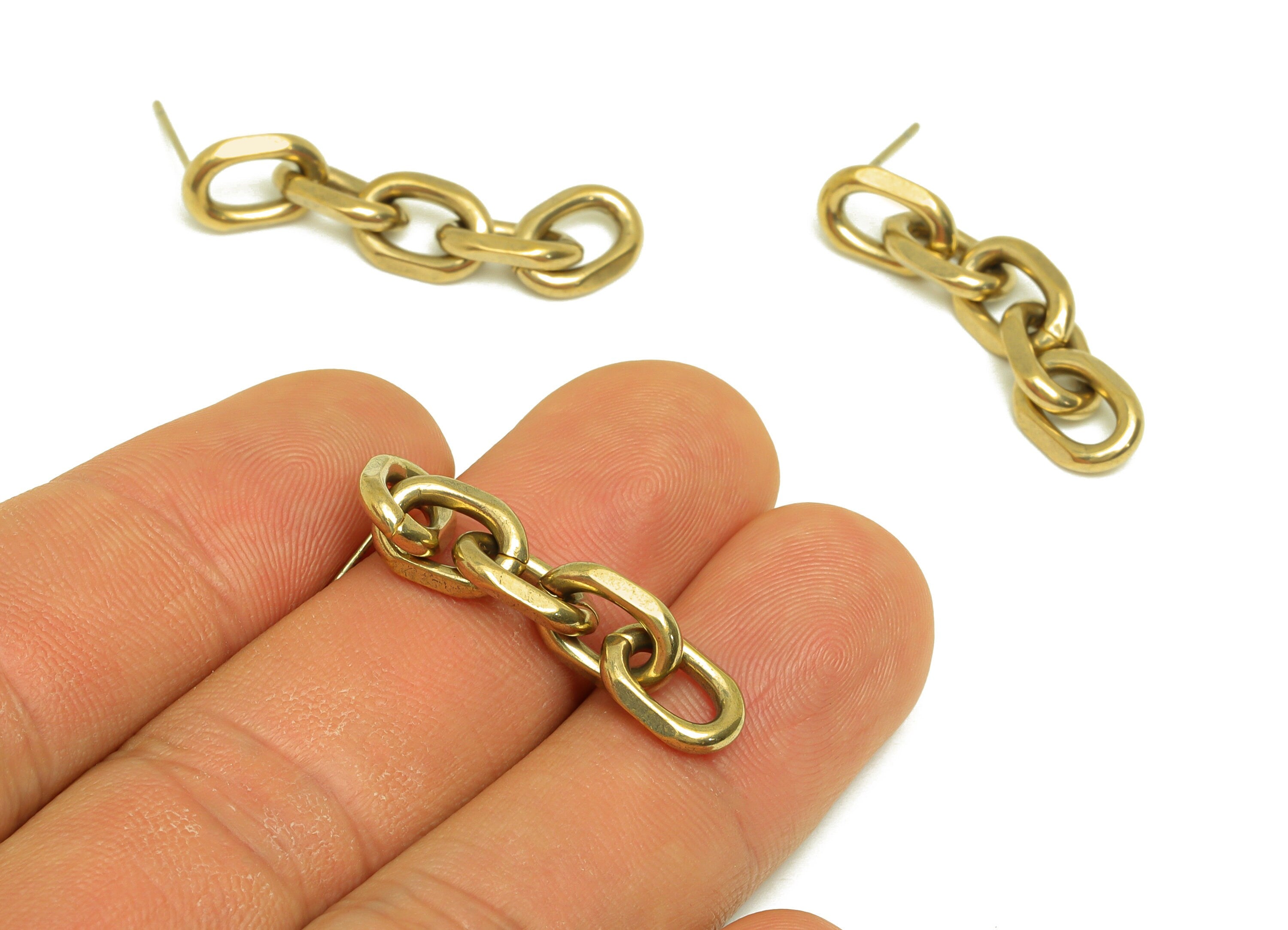 Brass Faceted Chain Earring Stud - Raw Brass Hanging Chain Earring Post - Dangle Curb Chain Earring Stud - Brass Stud - 34x7x2mm - PP10615 - DOMEDBAZAAR