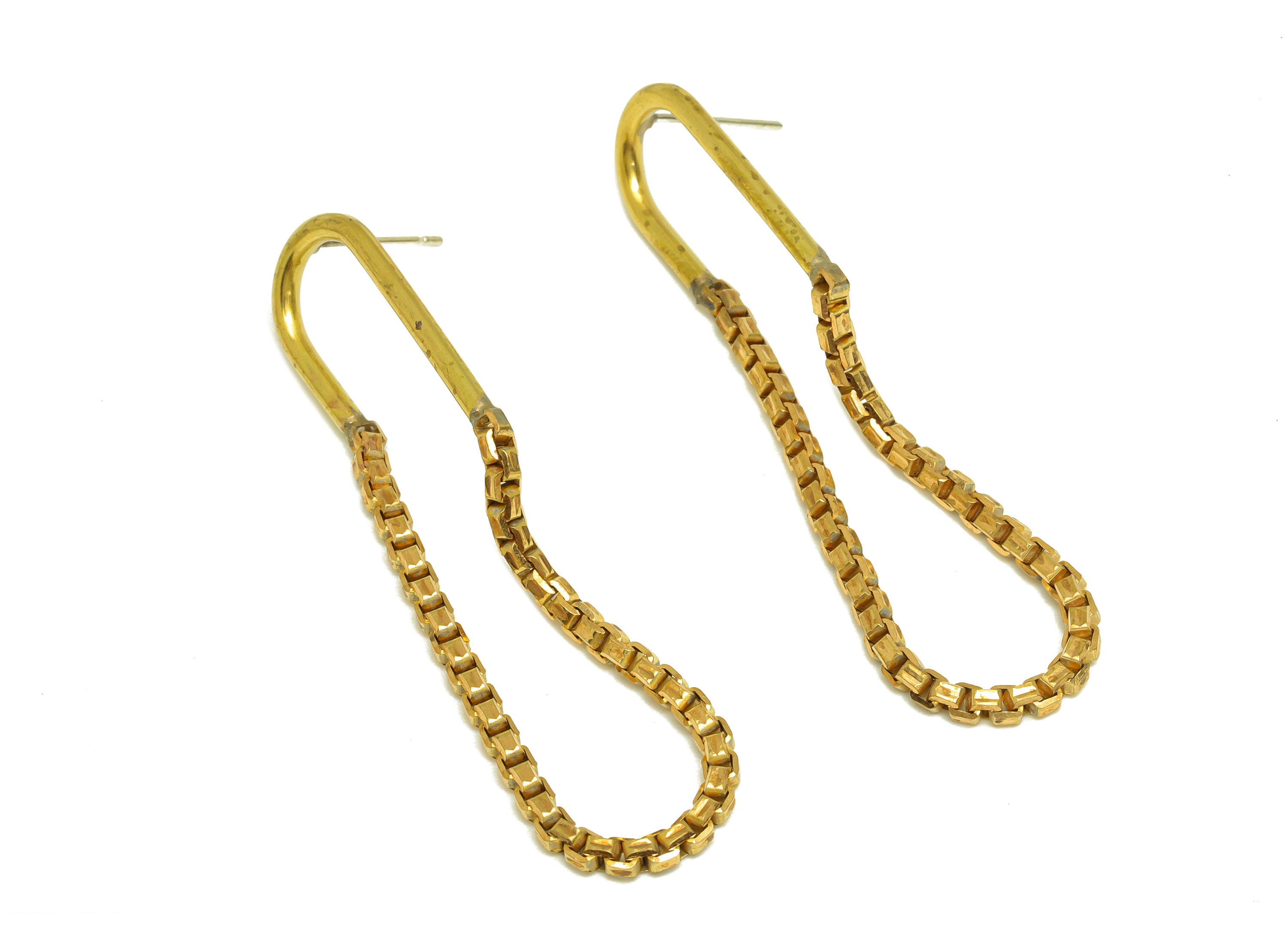 Brass U Chian Earring Stud - Raw Brass Hammered Chain Earring Post - Brass Box Chian Stud Earring - Imitation Silver Stud -57x13x2mm-PP10591 - DOMEDBAZAAR