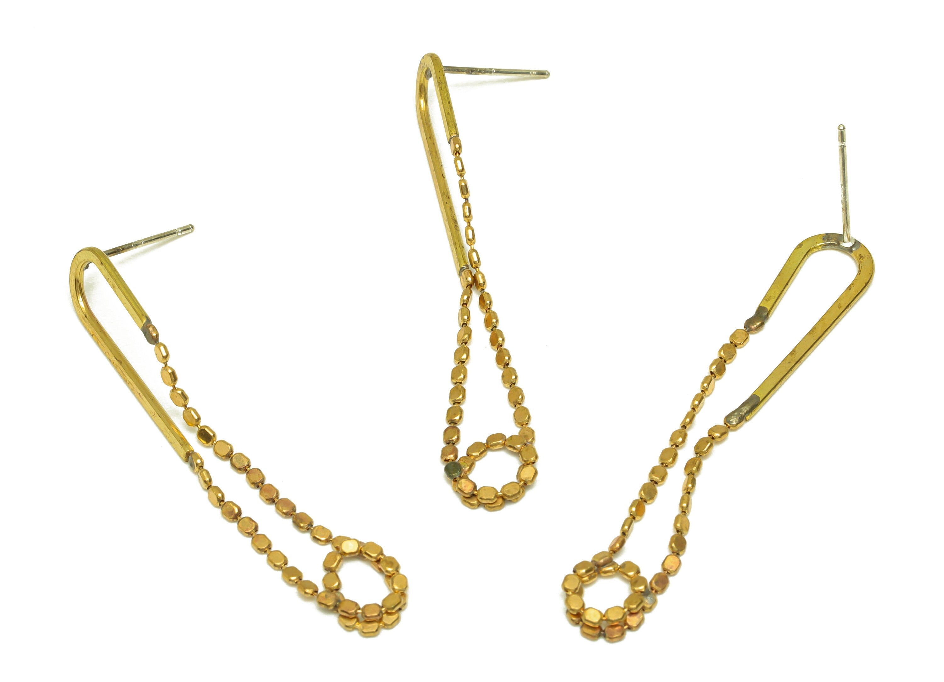 Brass Hoop Earring Stud - Raw Brass Hoop Chain Earring Post - Brass Beaded Chian Earring Stud - Brass Dangle Post - 44x7.9x1mm - PP10600 - DOMEDBAZAAR