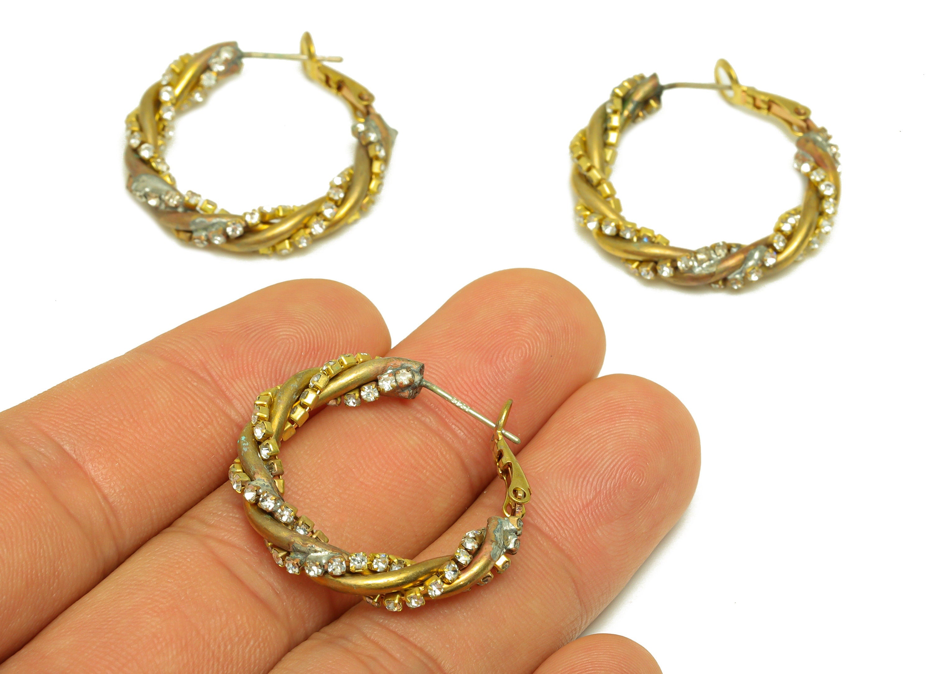 Brass CZ Hoop Earring - Raw Brass Clasp Chian Zircon Earring - Brass Twine Chain Hoop Clasp Earring - Cubic Zircon Clasp - 30x26x4mm-PP10592 - DOMEDBAZAAR