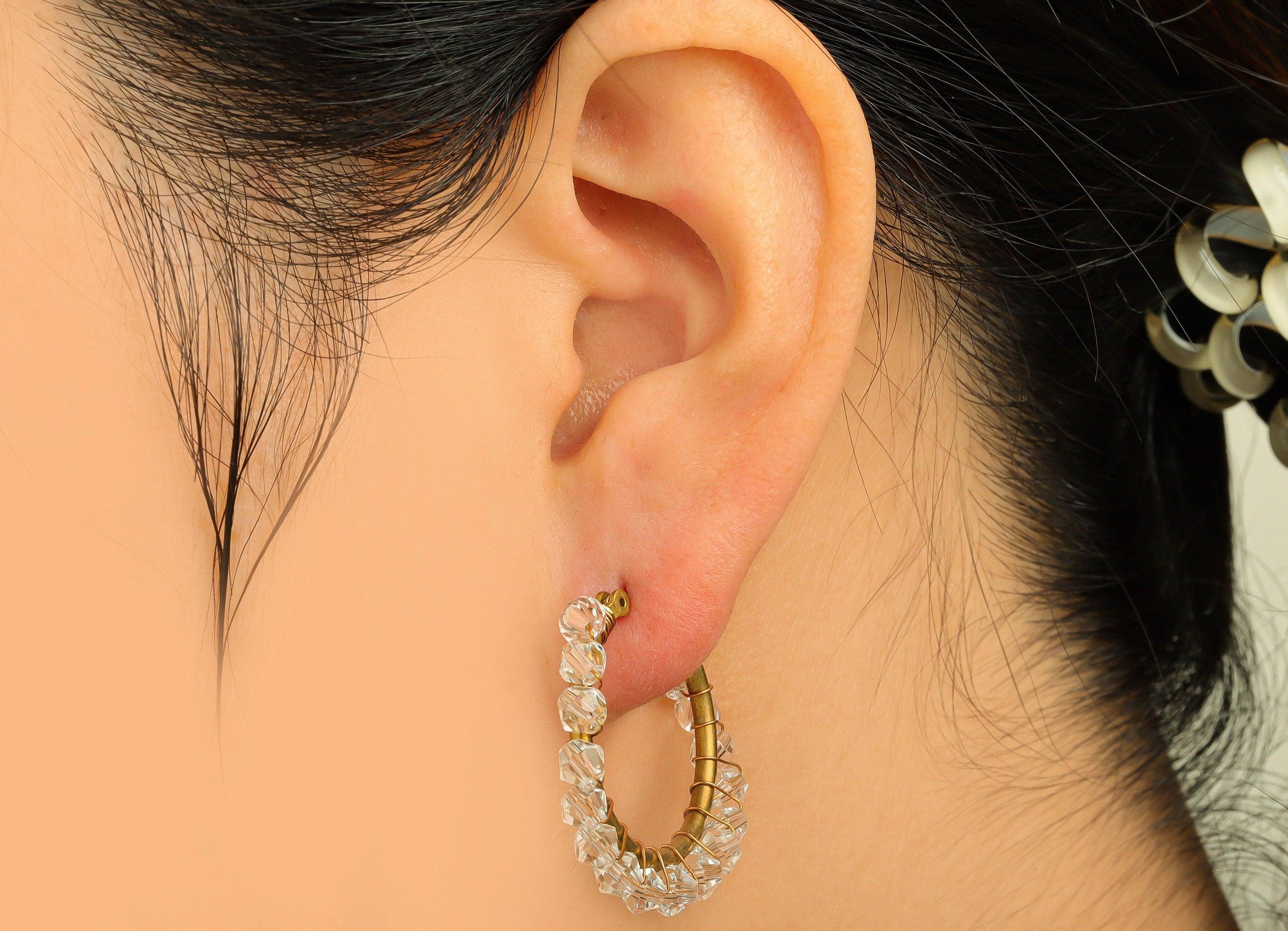 Brass CZ Bead Hoop Earring - Raw Brass Hinged Back Earring - Brass Beaded Cubic Zircon Earring - Hinged Back Earring - 32x28.7x3mm - PP10583 - DOMEDBAZAAR