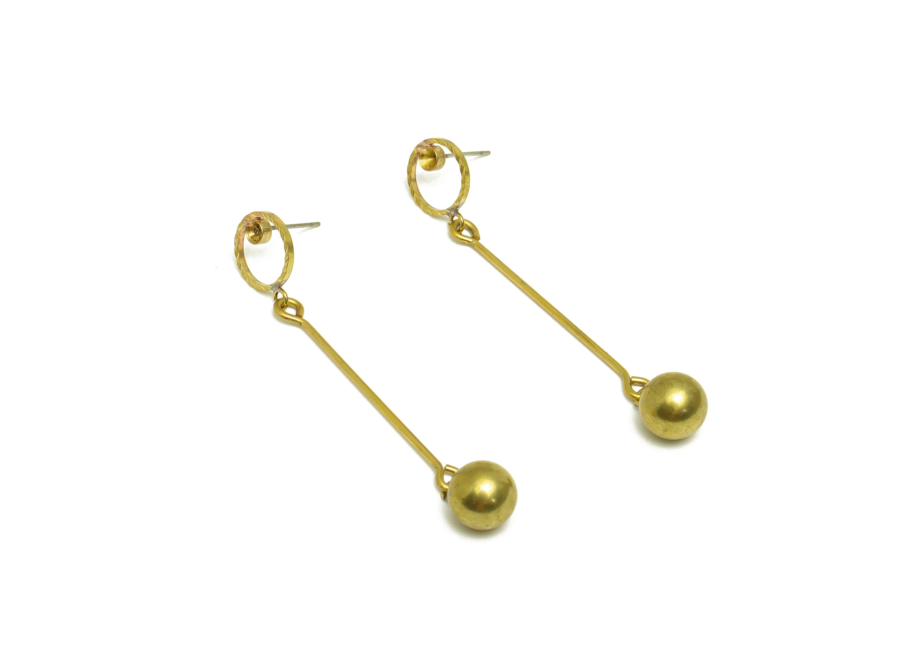 Brass Ball Earrings Stud - Raw Brass Long Bar Ball Dangle Earring Stud - Textured Round Earring Post - Stud For Diamond - 68x12x9mm -PP10479 - DOMEDBAZAAR