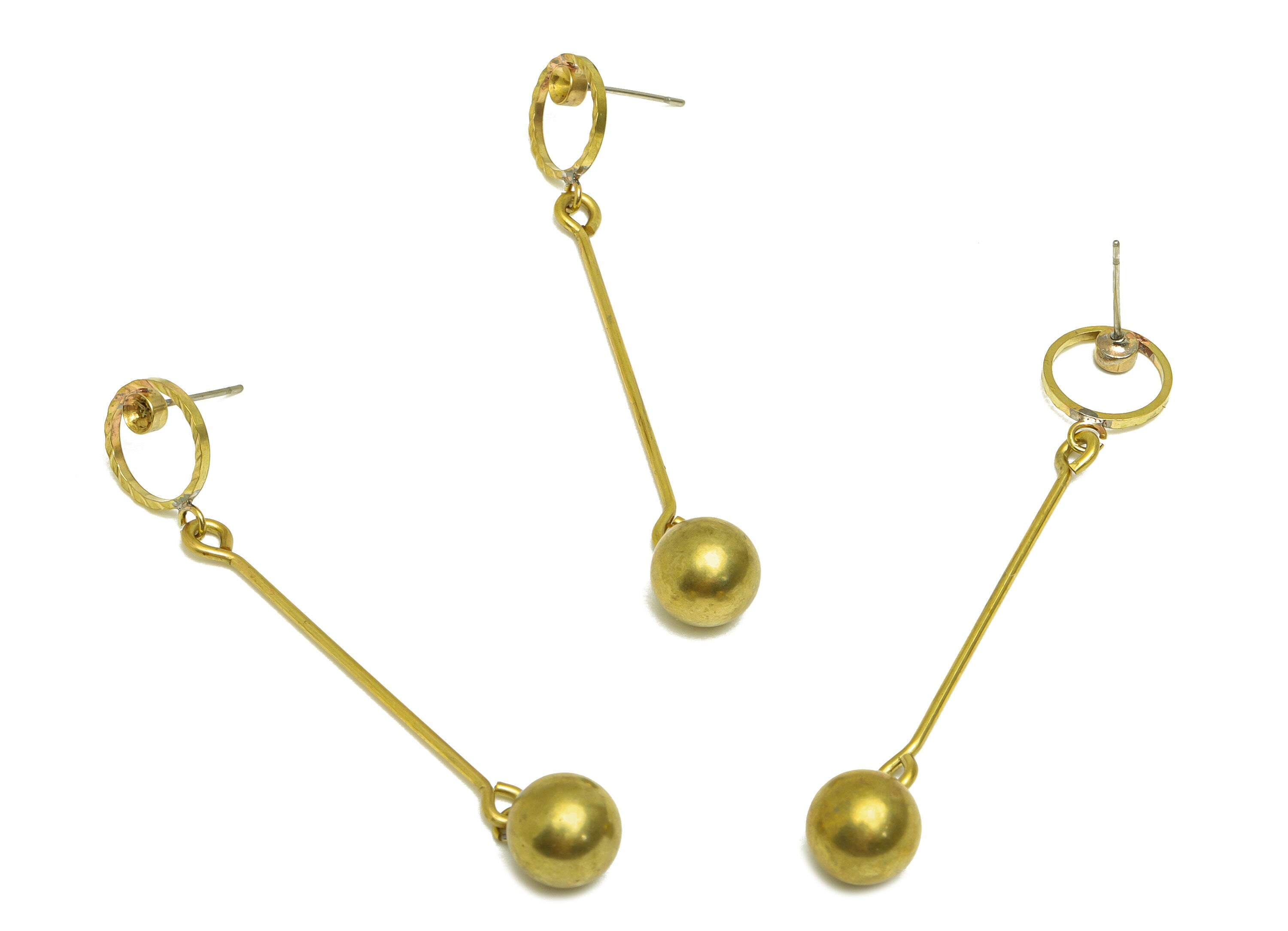 Brass Ball Earrings Stud - Raw Brass Long Bar Ball Dangle Earring Stud - Textured Round Earring Post - Stud For Diamond - 68x12x9mm -PP10479 - DOMEDBAZAAR