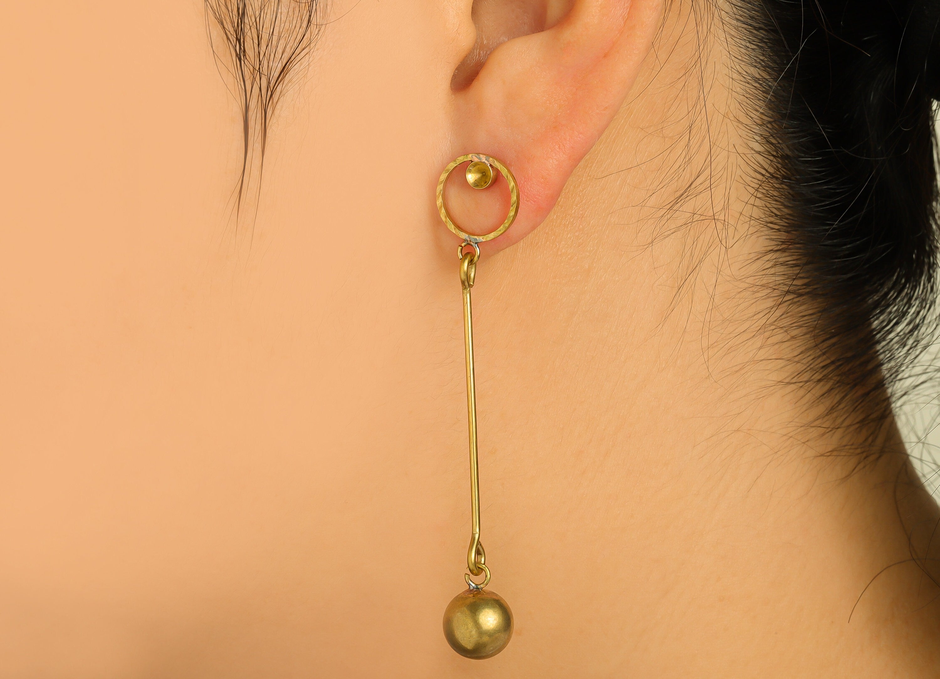 Brass Ball Earrings Stud - Raw Brass Long Bar Ball Dangle Earring Stud - Textured Round Earring Post - Stud For Diamond - 68x12x9mm -PP10479 - DOMEDBAZAAR
