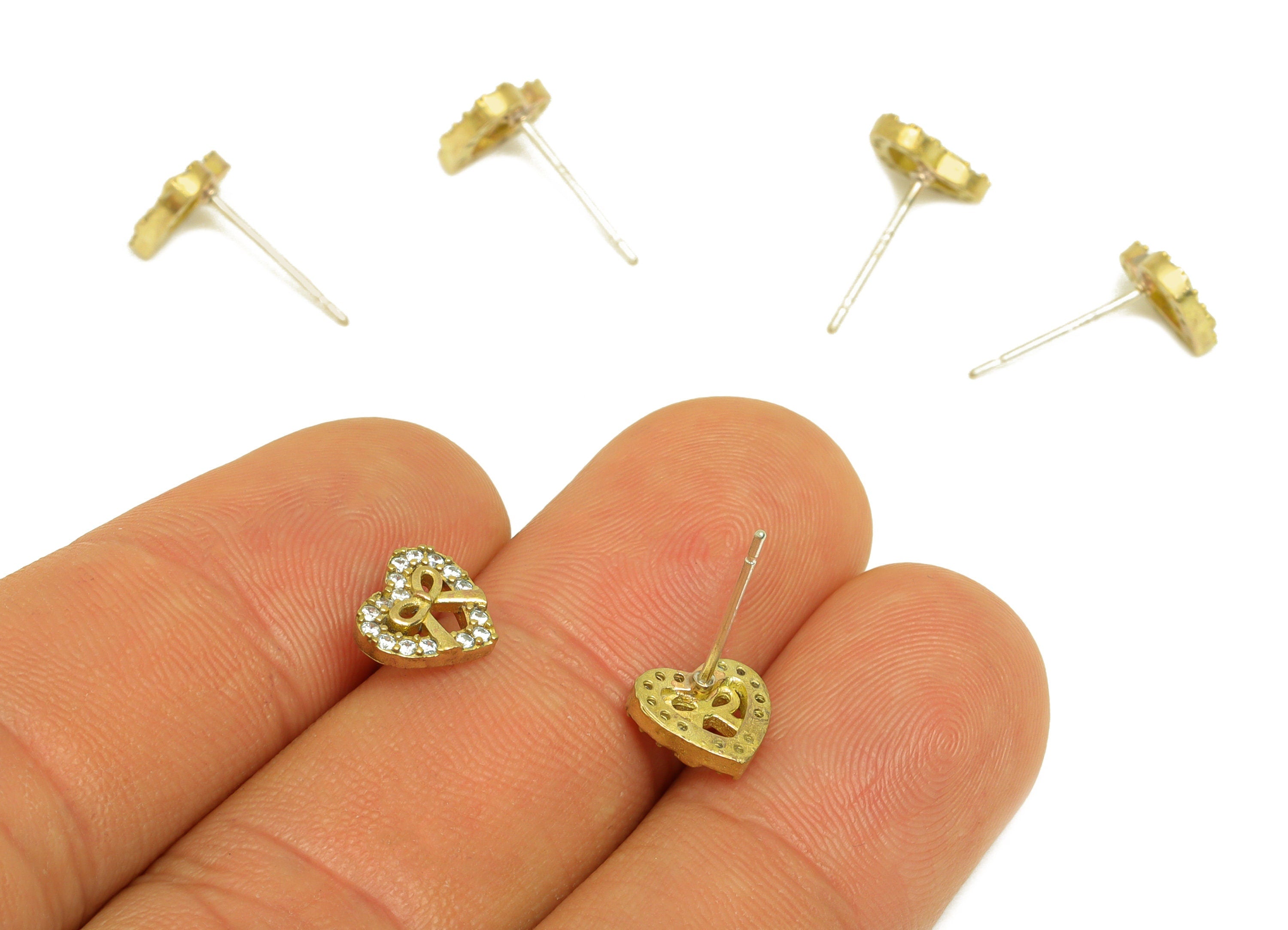 Brass CZ Heart Earring Stud - Raw Brass Bow Earring Post - Brass Cubic Zircon Heart Earring Stud - Butterfly Bow Post - 8.68x7x2mm - PP10654 - DOMEDBAZAAR