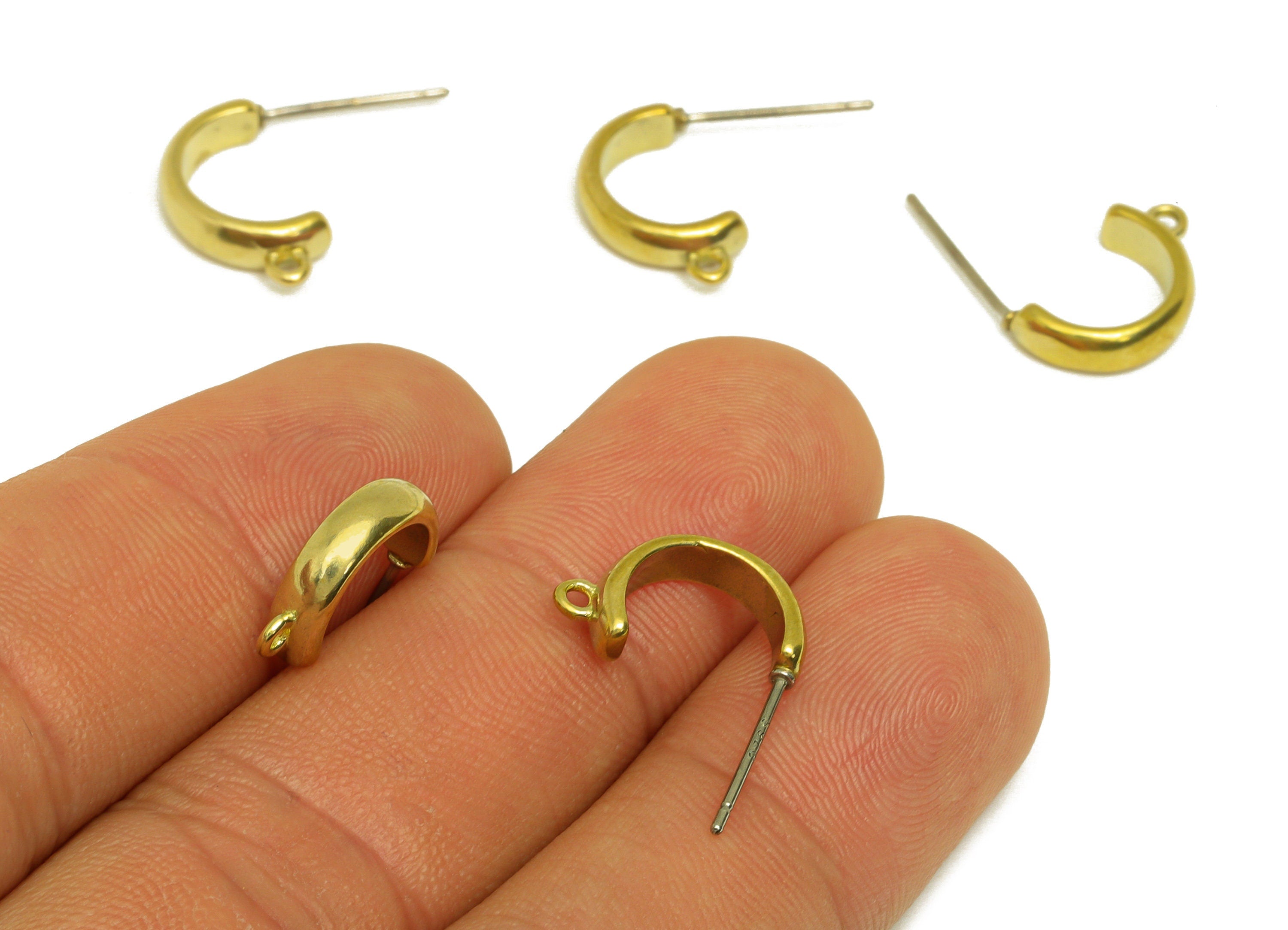 Brass Hoop C Earring Stud - Raw Brass Open Hoop Earring Post With Loop - Brass Hoop Earring Stud - Hoop With Loop - 14x8.5x3.4mm - PP10645 - DOMEDBAZAAR