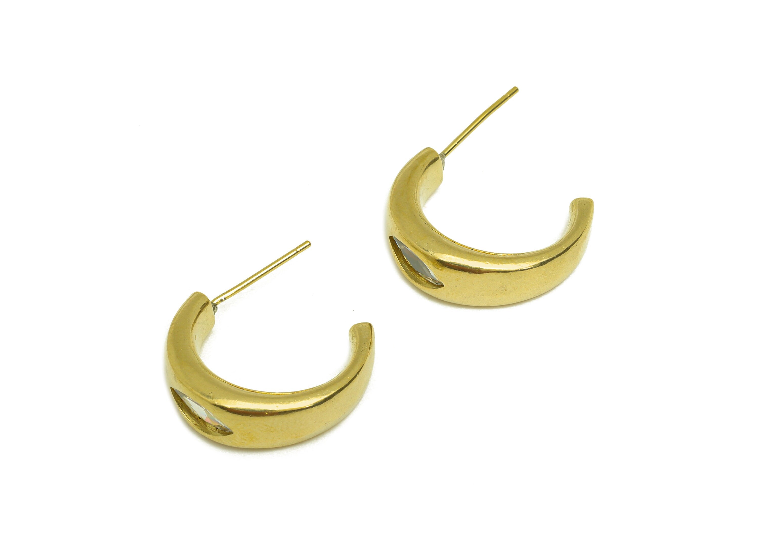 Brass CZ Hoop Earring Stud - Raw Brass Thick Hoop C Earring Post - Cubic Zircon Earring Stud - Marquise Zircon Hoop Post - 19x14x6mm-PP10646 - DOMEDBAZAAR