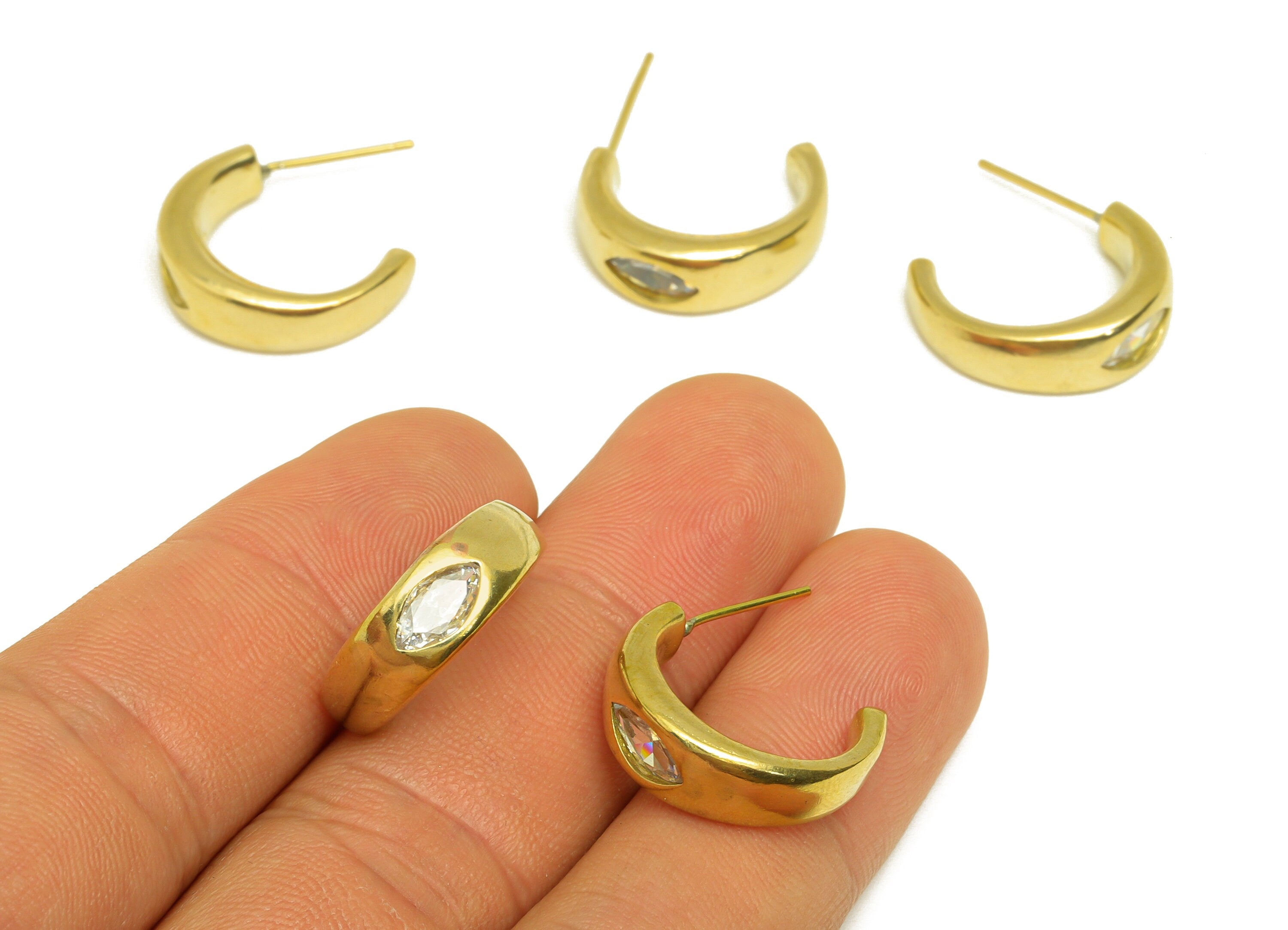 Brass CZ Hoop Earring Stud - Raw Brass Thick Hoop C Earring Post - Cubic Zircon Earring Stud - Marquise Zircon Hoop Post - 19x14x6mm-PP10646 - DOMEDBAZAAR