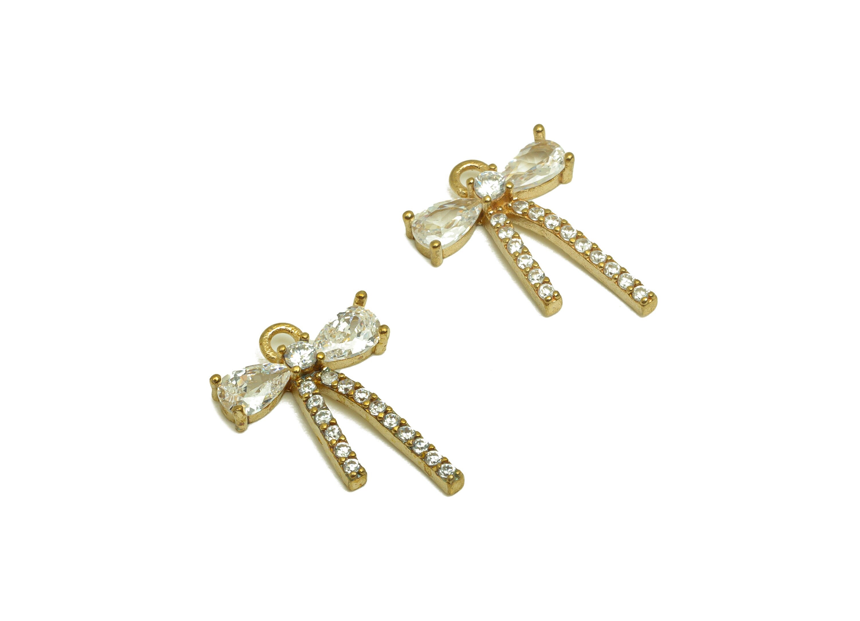 Brass CZ Bow Tie Earring Charm - Raw Brass Zircon Drop Earring Charm - Cubic Zircon Teardrop Pendant - Brass Zircon Charm -16x11x3mm-PP10474 - DOMEDBAZAAR