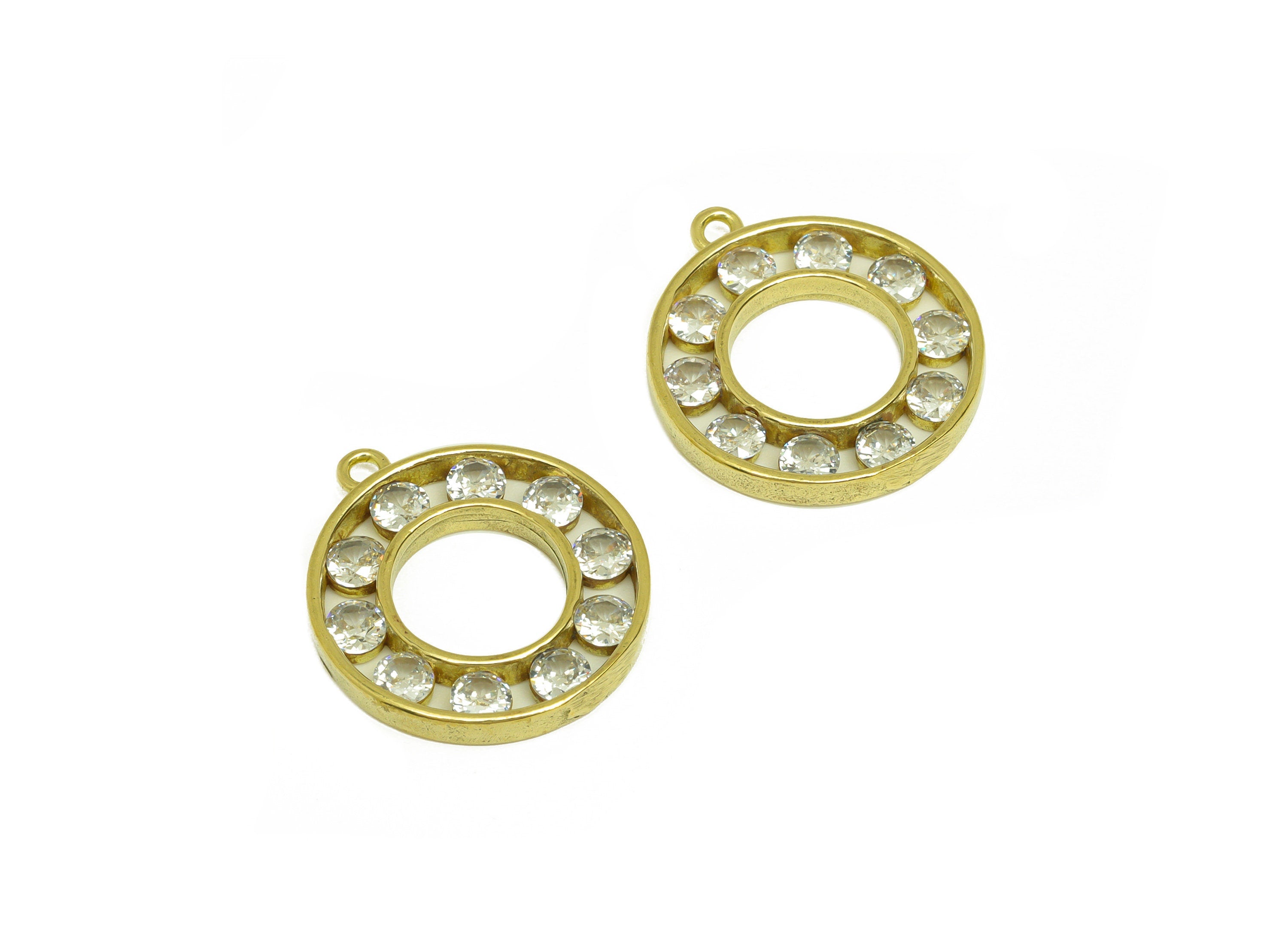Brass CZ Round Earring Charm - Raw Brass Cubic Zircon Circle Earring Charms - Brass Geometry Pendant - For Pendant - 19.38x17x2mm - PP10661 - DOMEDBAZAAR