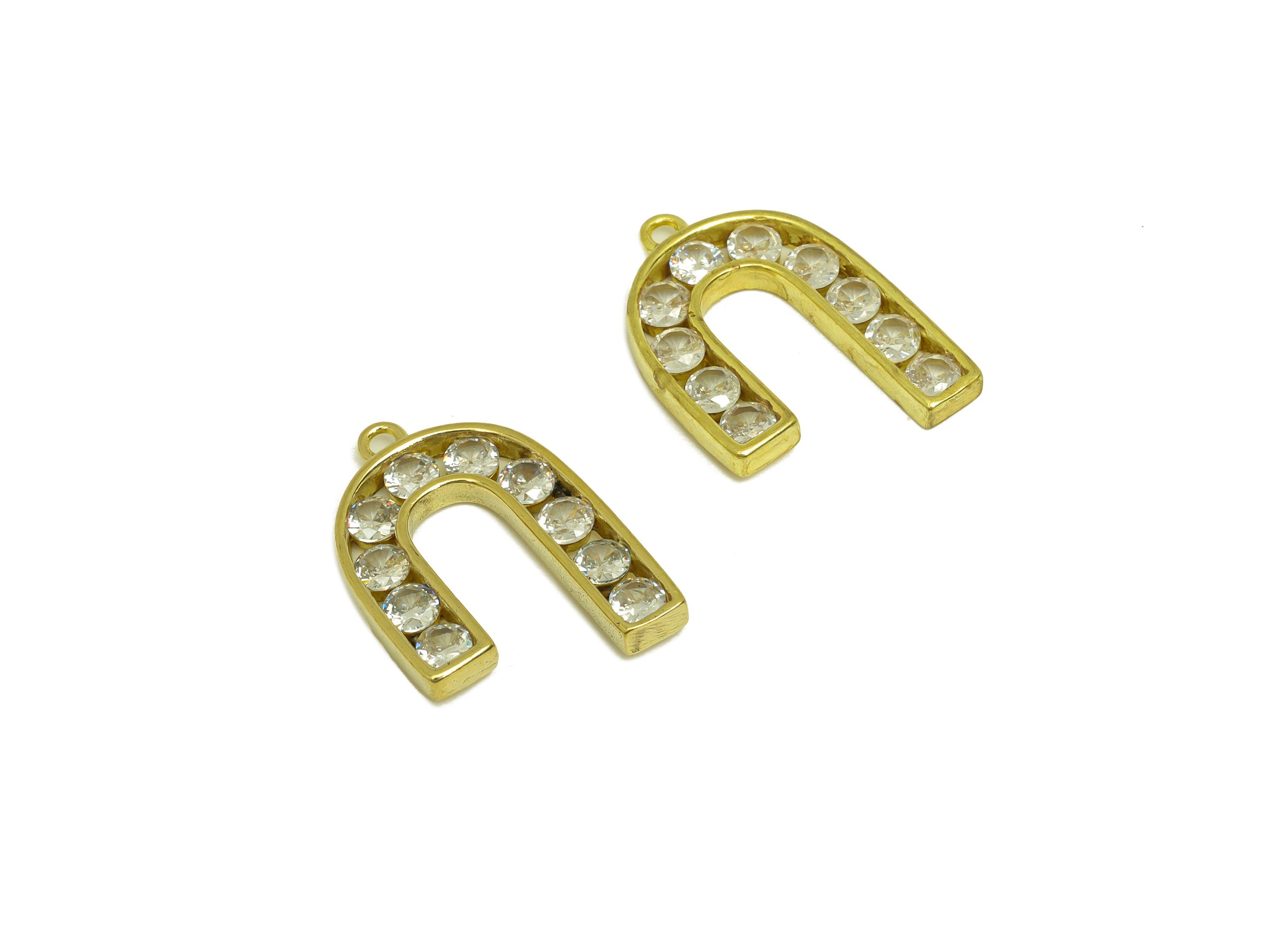 Brass CZ U Hoop Earring Charm - Raw Brass Cubic Zircon Earring Charms - Brass Geometry Pendant - For Pendant - 21x14.2x2.2mm - PP10660 - DOMEDBAZAAR