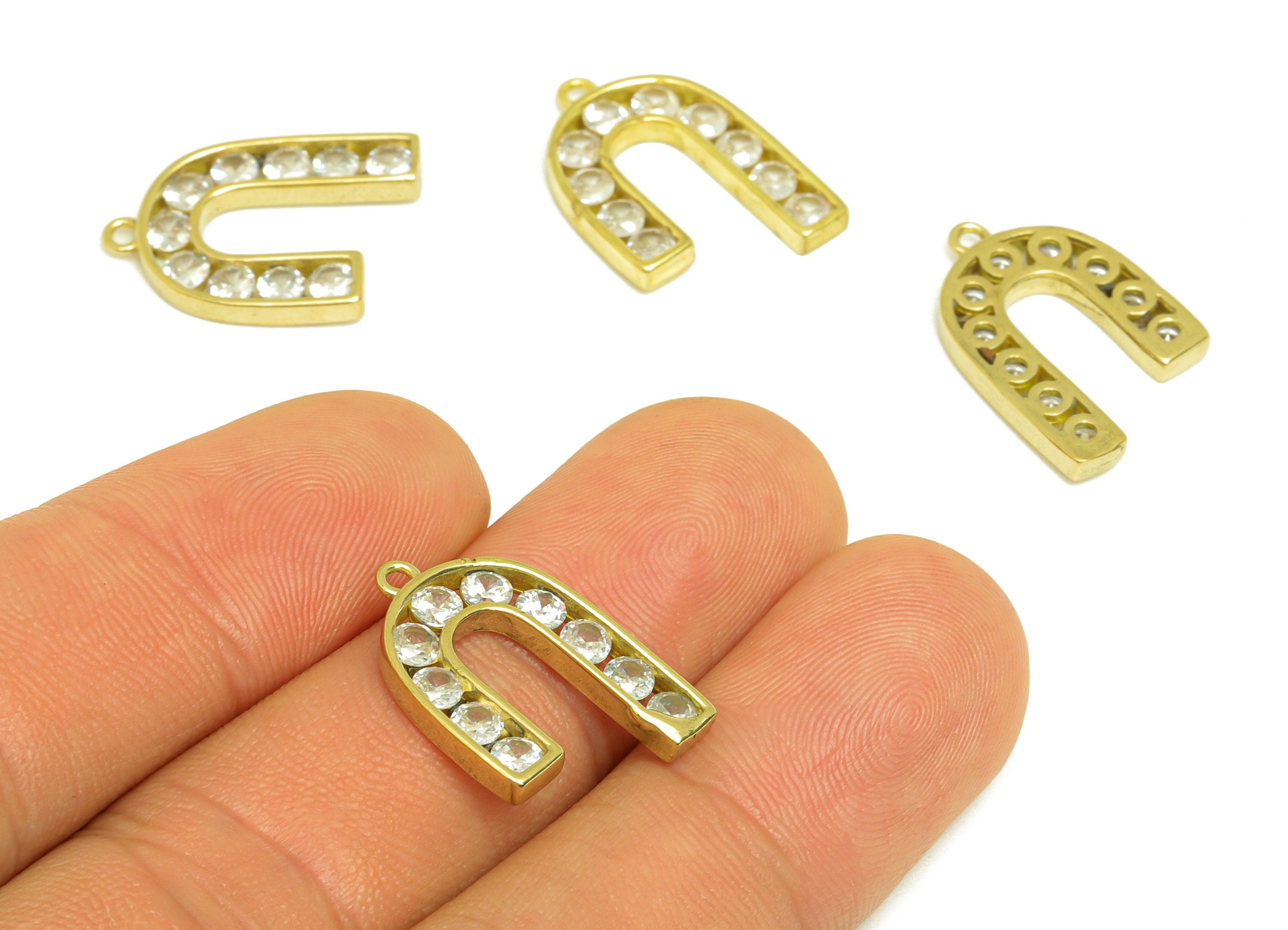 Brass CZ U Hoop Earring Charm - Raw Brass Cubic Zircon Earring Charms - Brass Geometry Pendant - For Pendant - 21x14.2x2.2mm - PP10660 - DOMEDBAZAAR