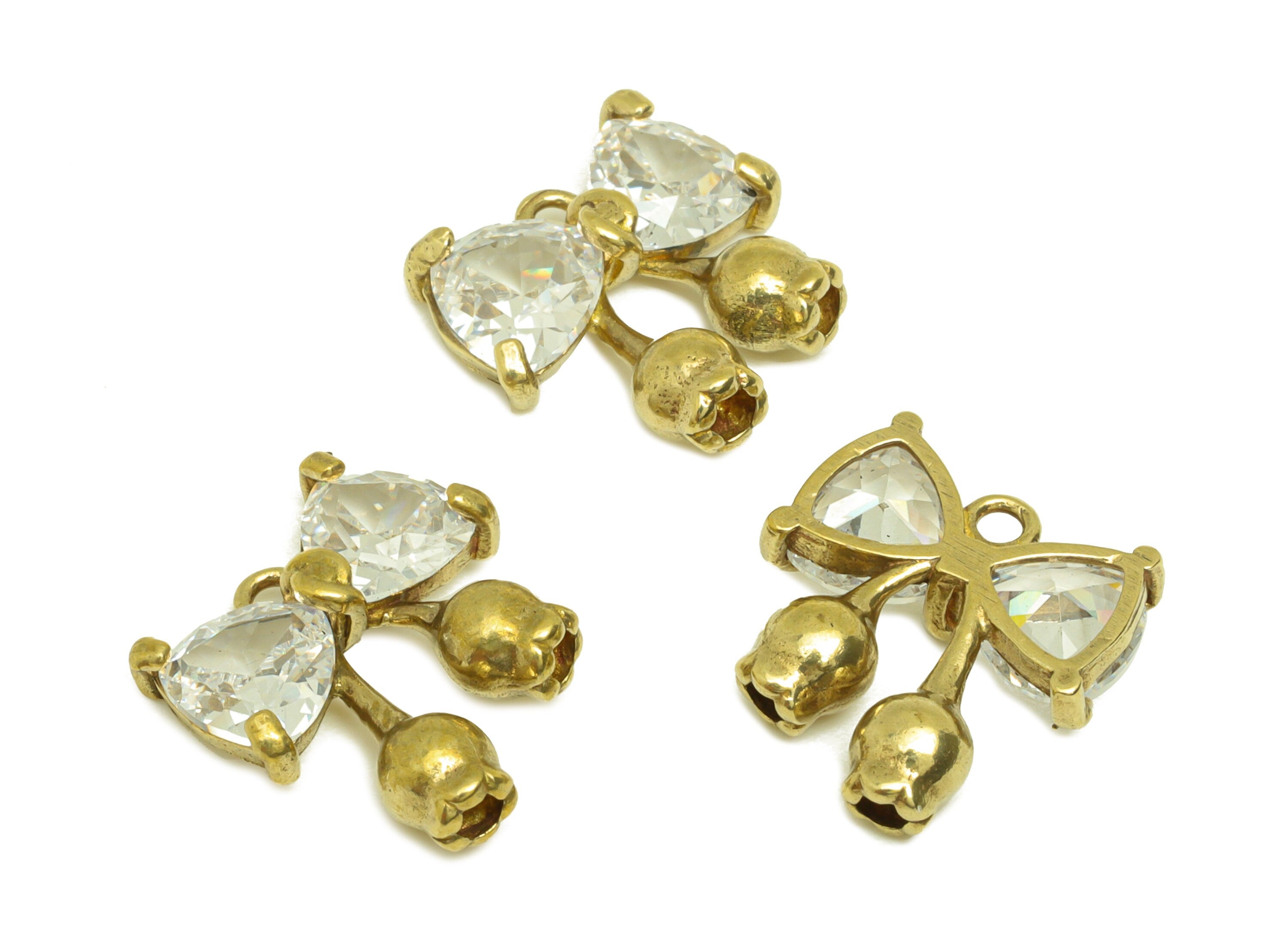 Brass CZ Bow Earring Charm - Raw Brass Cubic Zircon Tulip Earring Charms - Brass Butterfly Bow Pendant - For Necklace - 14x13x3mm - PP10666 - DOMEDBAZAAR