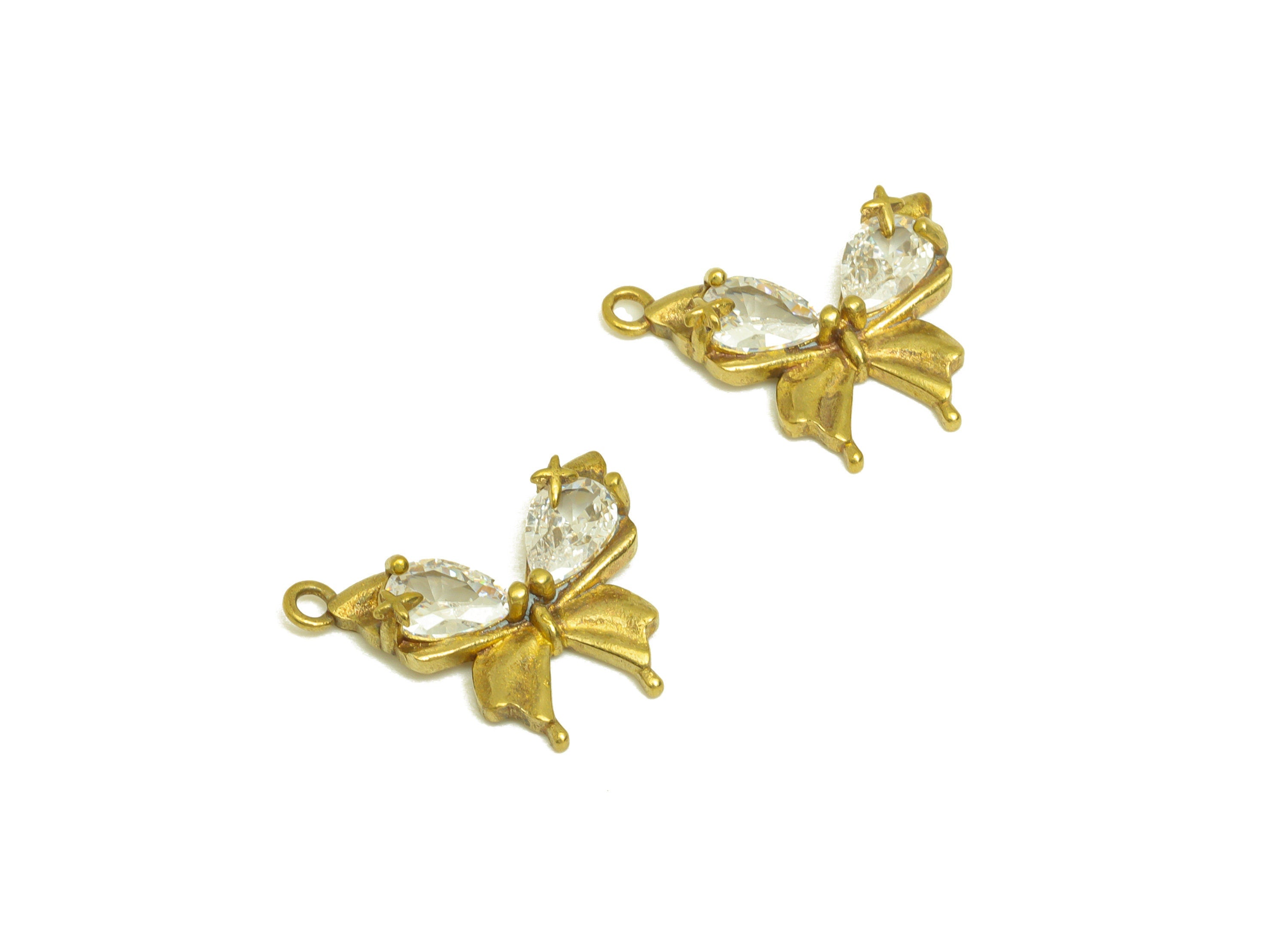 Brass CZ Drop Earring Charm - Raw Brass Teardrop Cubic Zircon Earring Charms - Brass Butterfly Bow Earring Charm - 16.5x13.4x3mm- PP10663 - DOMEDBAZAAR