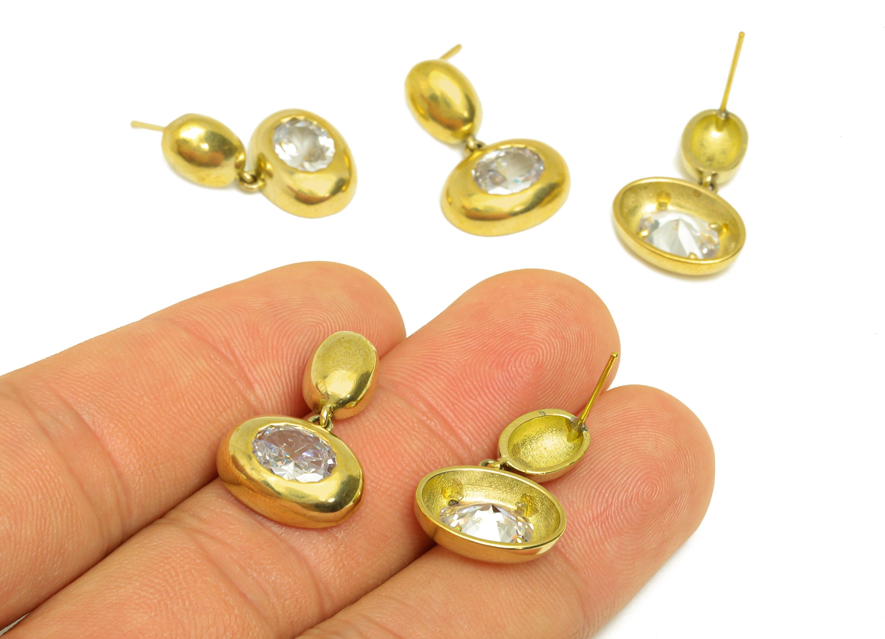 Brass CZ Oval Earring Post - Raw Brass Oval Cubic Zircon Earring Post - Geometry Earring Charm - Zircon Earring Post - 23x14x3mm - PP10641 - DOMEDBAZAAR