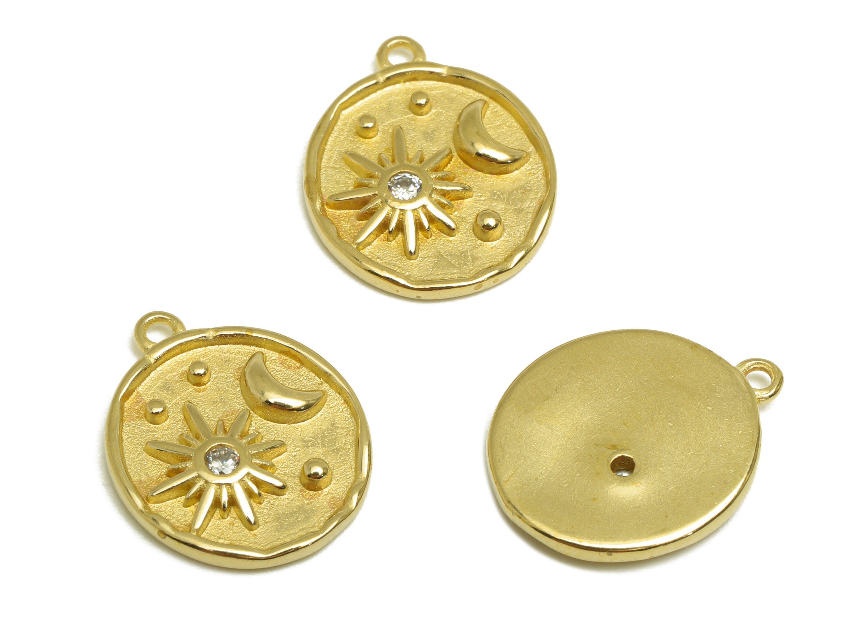 Brass CZ Sun Earring Charm - Raw Brass Crescent Earring Charm - Brass Space Celestial Pendant - Brass Cubic Zircon Charm - 19x13x3mm-PP10488 - DOMEDBAZAAR