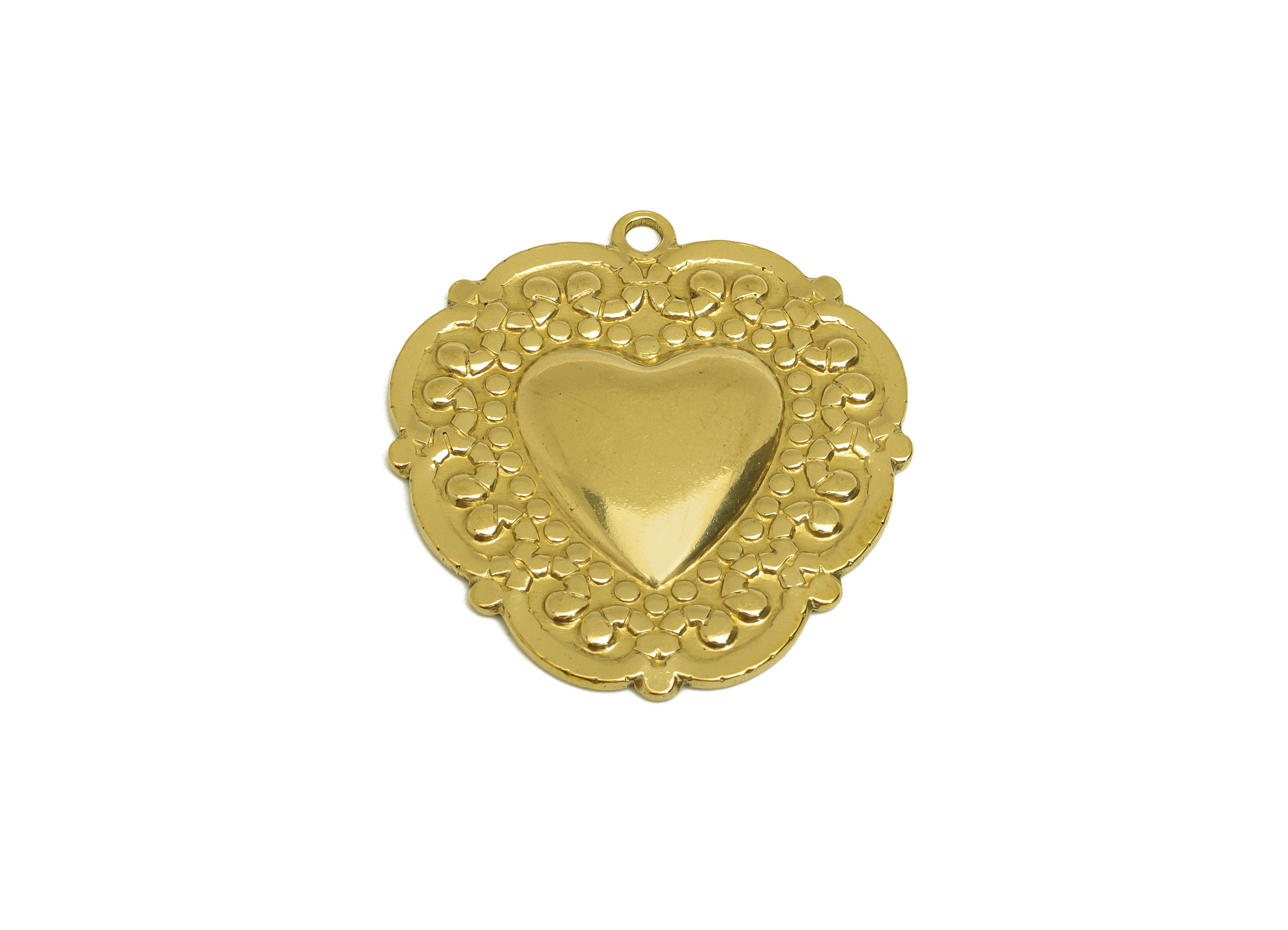 Brass Heart Earring Charm - Raw Brass Vintage Looking Heart Earring Charms - Brass Textured Lace Heart Pendant - 33.5x31.6x2.7mm - PP10679 - DOMEDBAZAAR