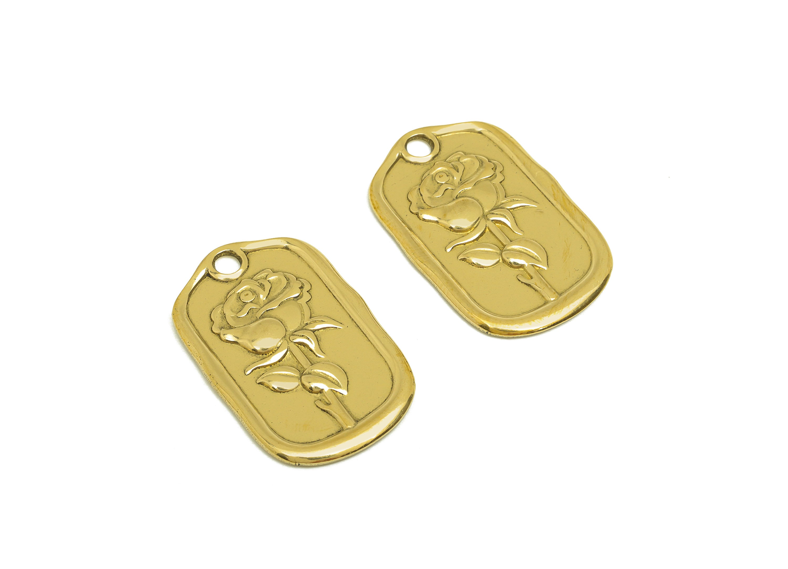 Brass Rose Earring Charm - Raw Brass Vintage Looking Rose Earring Charms - Brass Rectangle Textured Flower Pendant - 31.5x19.9x1mm- PP10681 - DOMEDBAZAAR