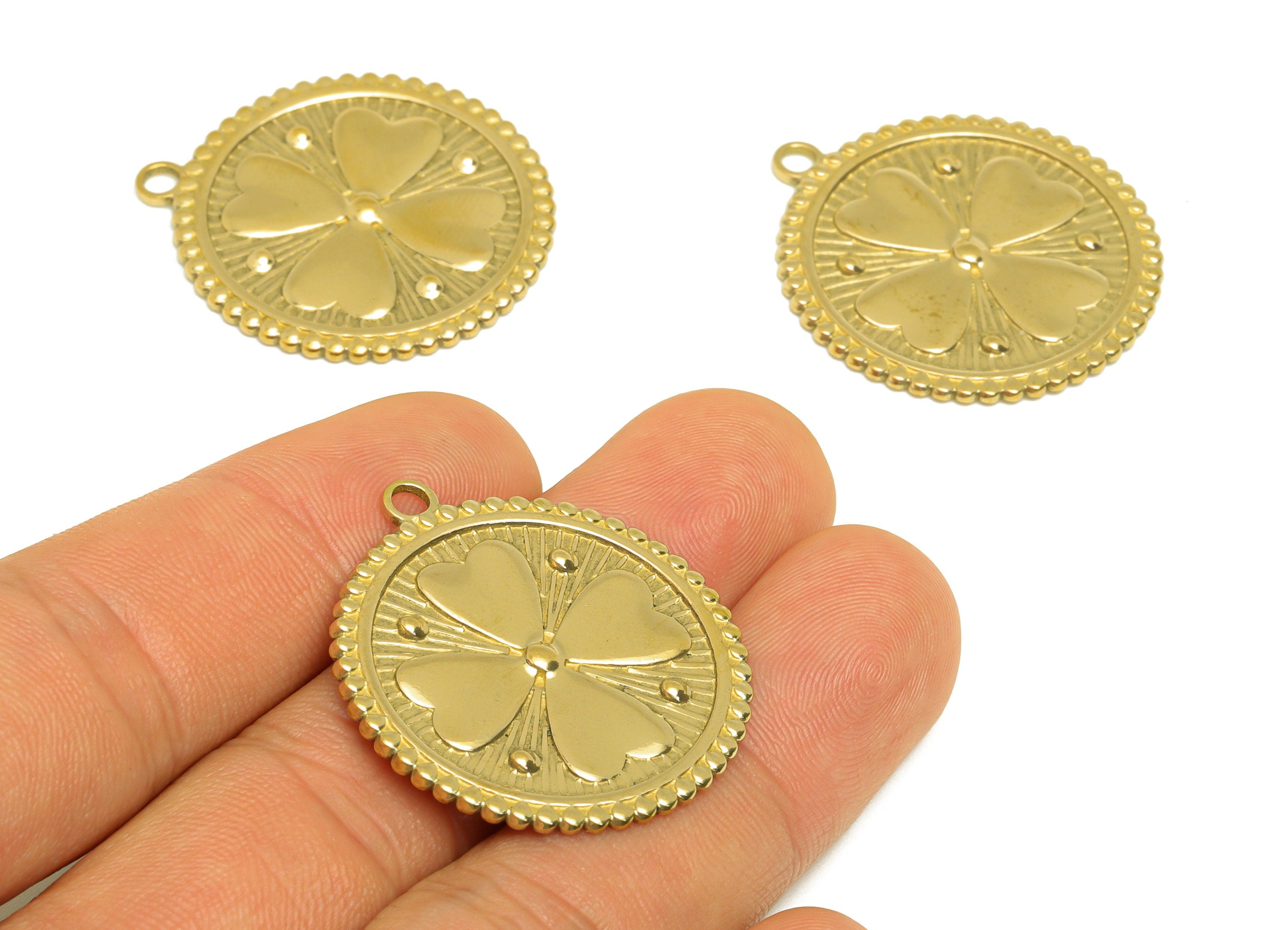 Brass Four Leaf Clover Earring Charm - Raw Brass Vintage Looking Earring Charms - Brass Round Textured Heart Pendant - 33.45x30x1mm- PP10677 - DOMEDBAZAAR
