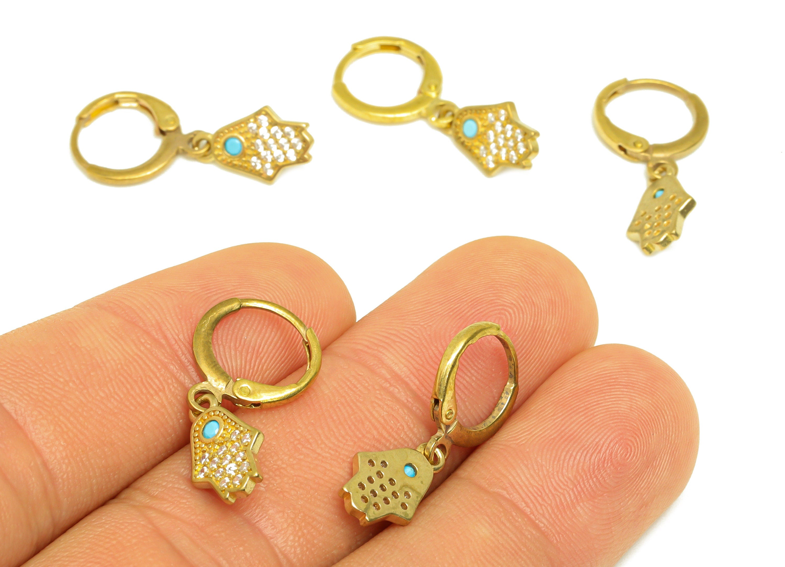 Brass Hamsa Hoop Earring Charm - Brass Teardrop Cubic Zircon Huggie Hoop Clasp - Brass CZ Lever back Hamsa Clasp - 13.1x7.7x1.38mm - PP10668 - DOMEDBAZAAR