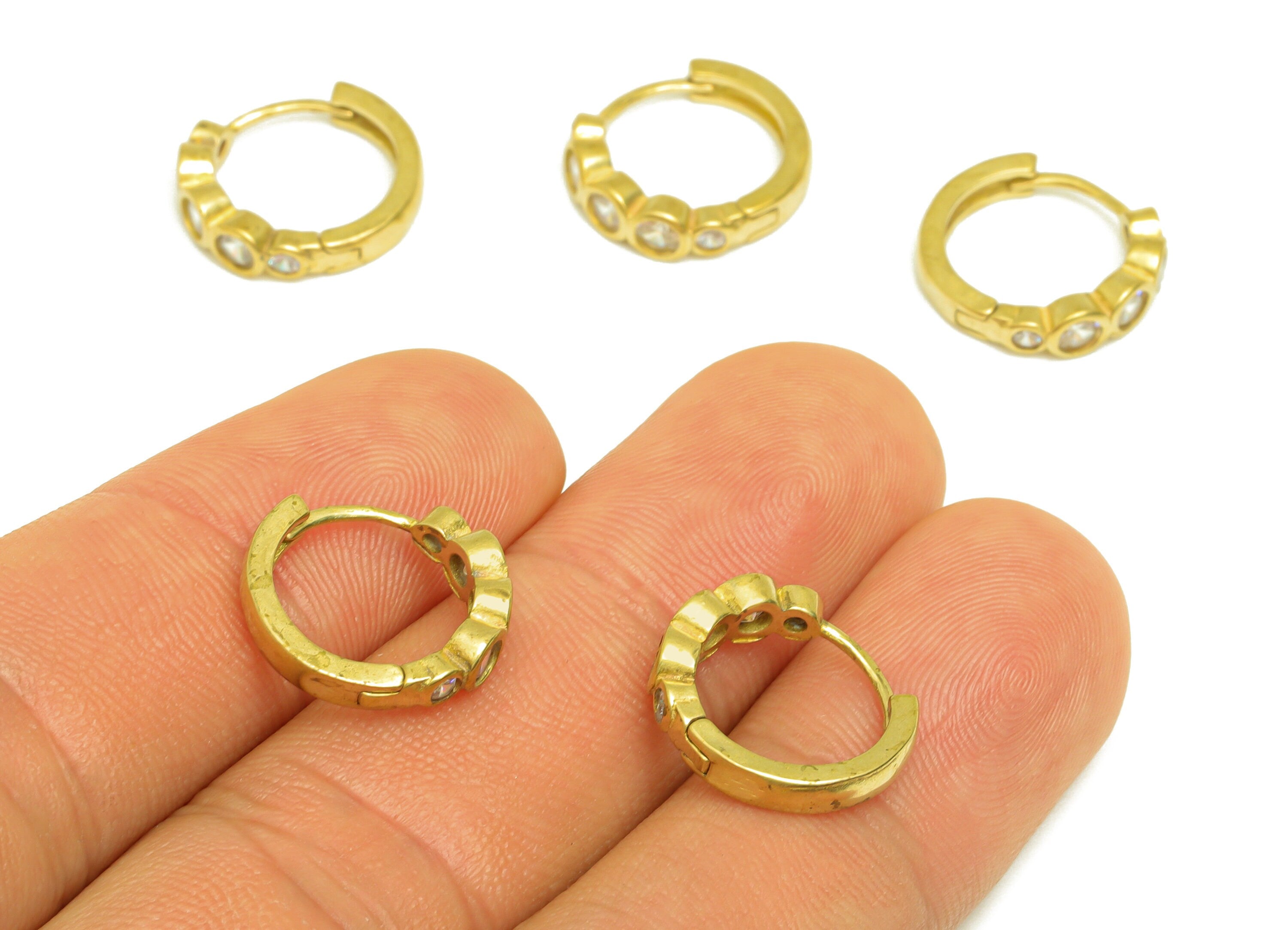 Brass Hoop Earring Charm - Brass Beaded Cubic Zircon Huggie Earring Hoop - Brass CZ Circle Hoop Clasp Earring - 15x4x2mm - PP10670 - DOMEDBAZAAR