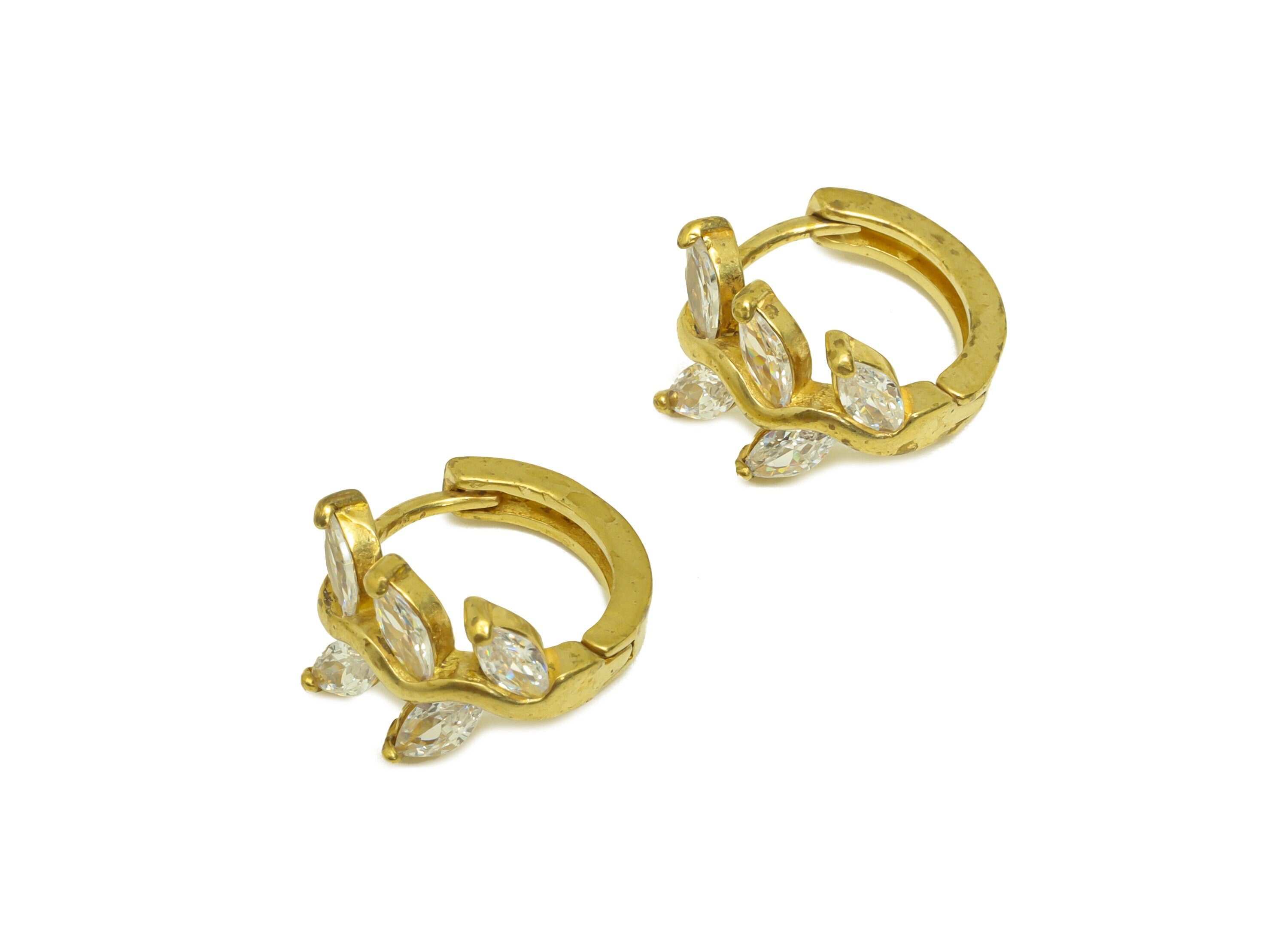 Brass Hoop Earring Charm - Brass Branch Cubic Zircon Huggie Earring Hoop - Brass CZ Marquise Hoop Clasp Earring - 14.5x9x3.5mm - PP10672 - DOMEDBAZAAR