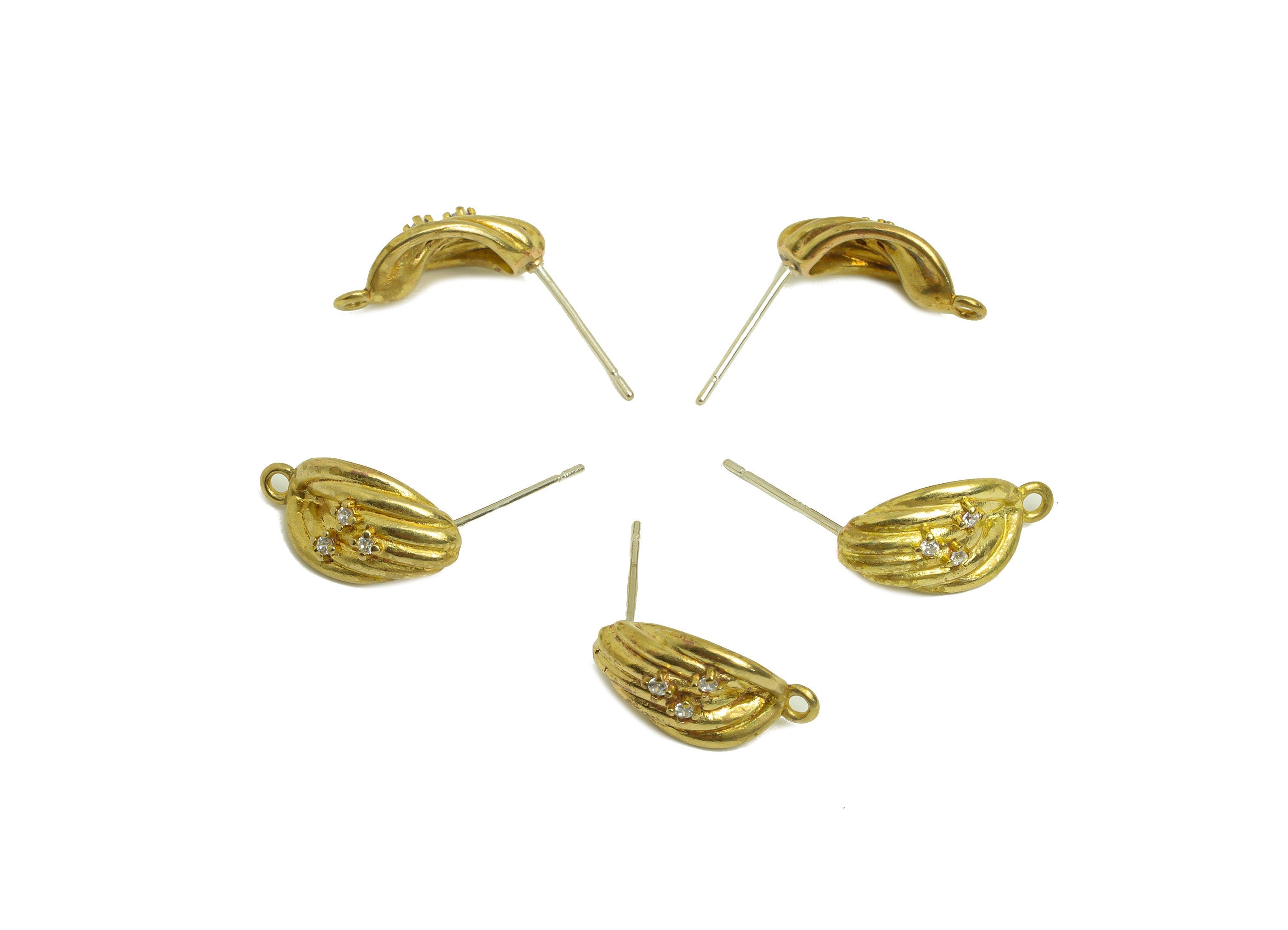 Brass CZ Earring Stud - Raw Brass Cubic Zircon Earring Post - Brass Textured Earring Stud With Loop - Bent Wire - 15.3x8.2x5.3mm - PP10710 - DOMEDBAZAAR