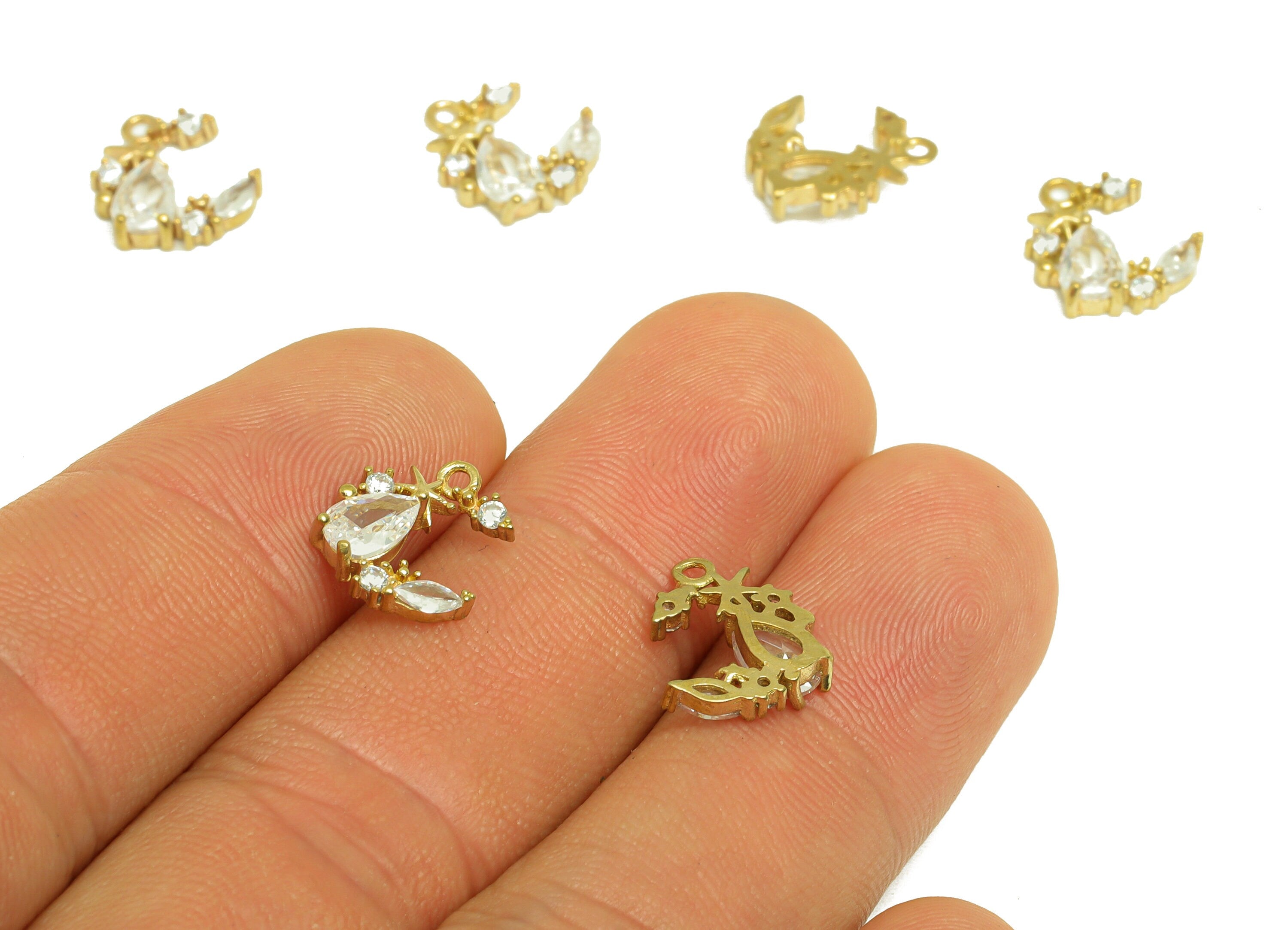 Brass CZ Crescent Earring Charm - Raw Brass Zircon Teardrop Earring Charm - Moon Marquise Earring Charm - 12.24x10.4x2.8mm -PP10704 - DOMEDBAZAAR