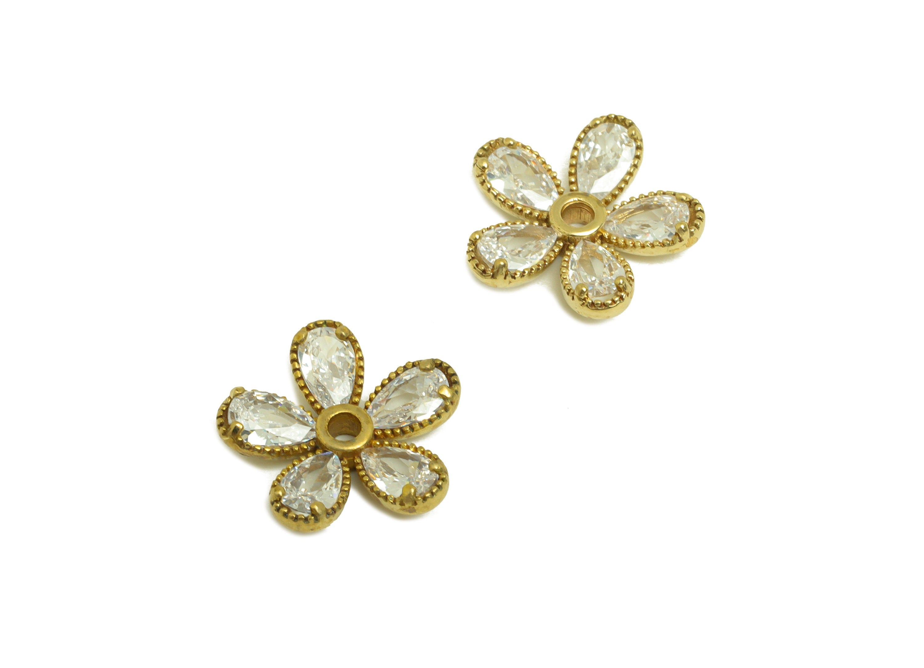 Brass CZ Flower Earring Charm - Raw Brass Zircon Diasy Earring Charm - Botanical Teardrop Earring Charm - 12.77x12.7x2.83mm - PP10705 - DOMEDBAZAAR