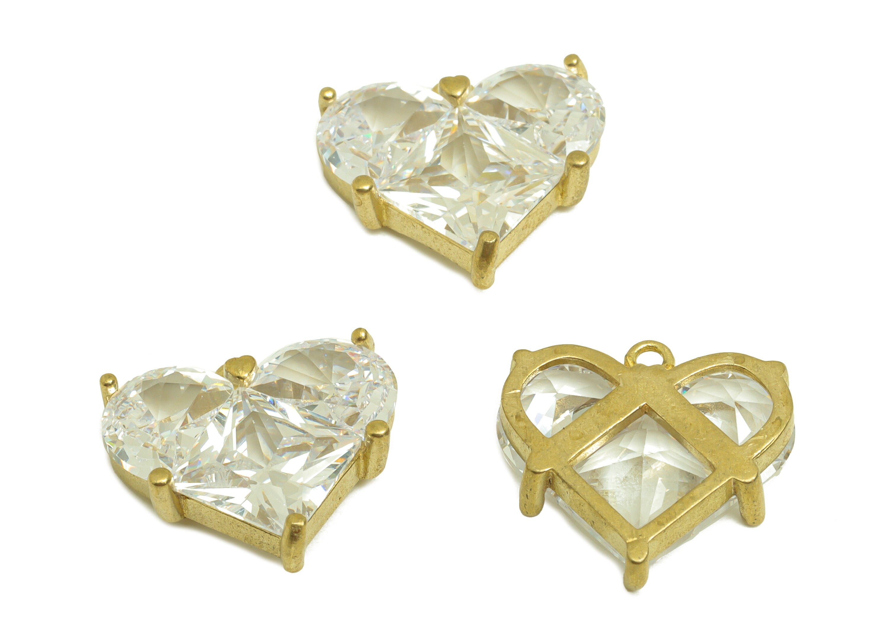 Brass CZ Heart Earring Charm - Raw Brass Zircon Domed Earring Charm - Brass Square Earring Charm - For Pendant - 16.8x15.77x4.8mm - PP10699 - DOMEDBAZAAR