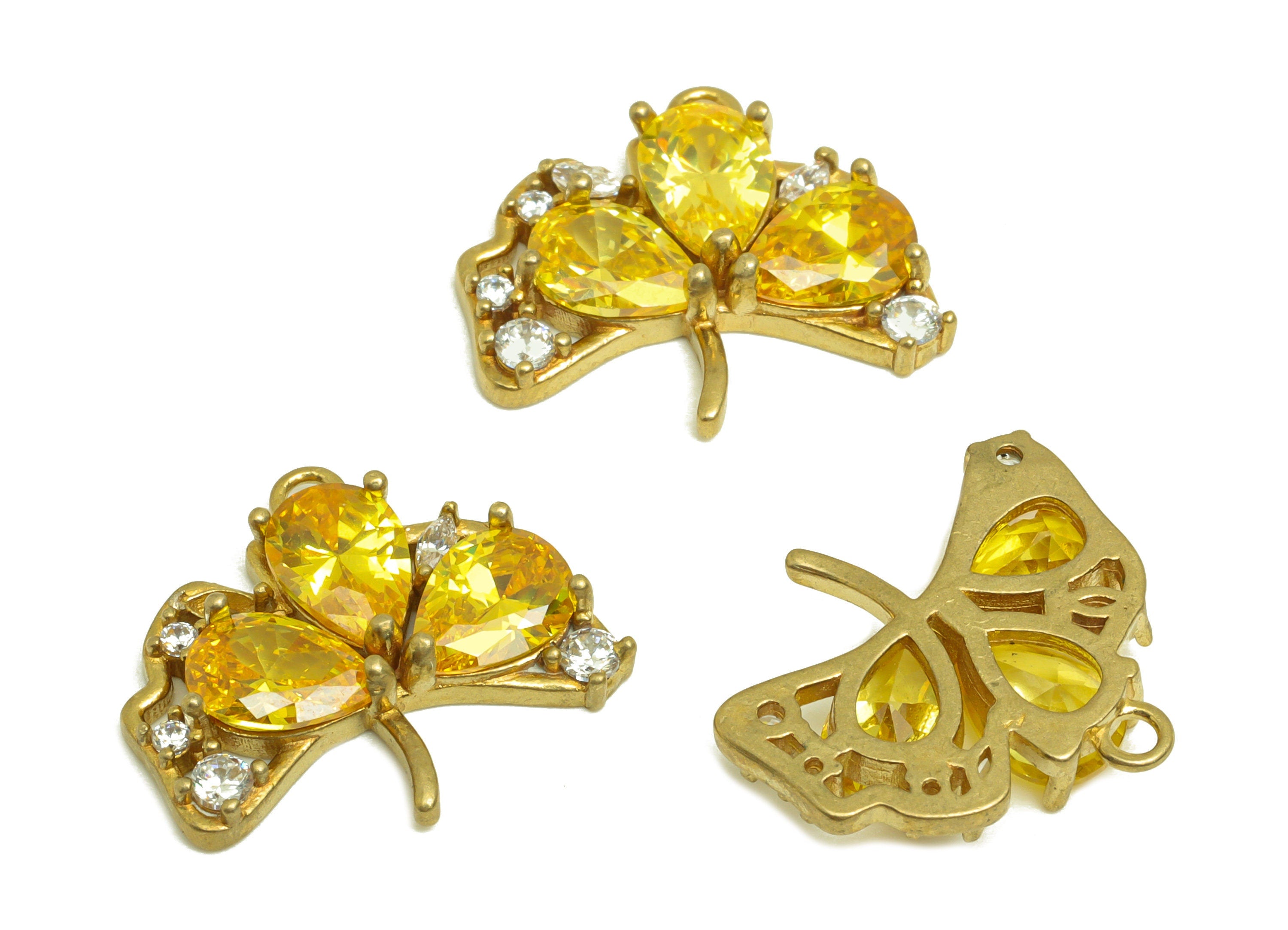 Brass CZ Ginkgo Earring Charm - Raw Brass Zircon Yellow Drop Earring Charm - Brass Leaf Earring Charm - For Pendant - 17.7x16x3mm - PP10698 - DOMEDBAZAAR