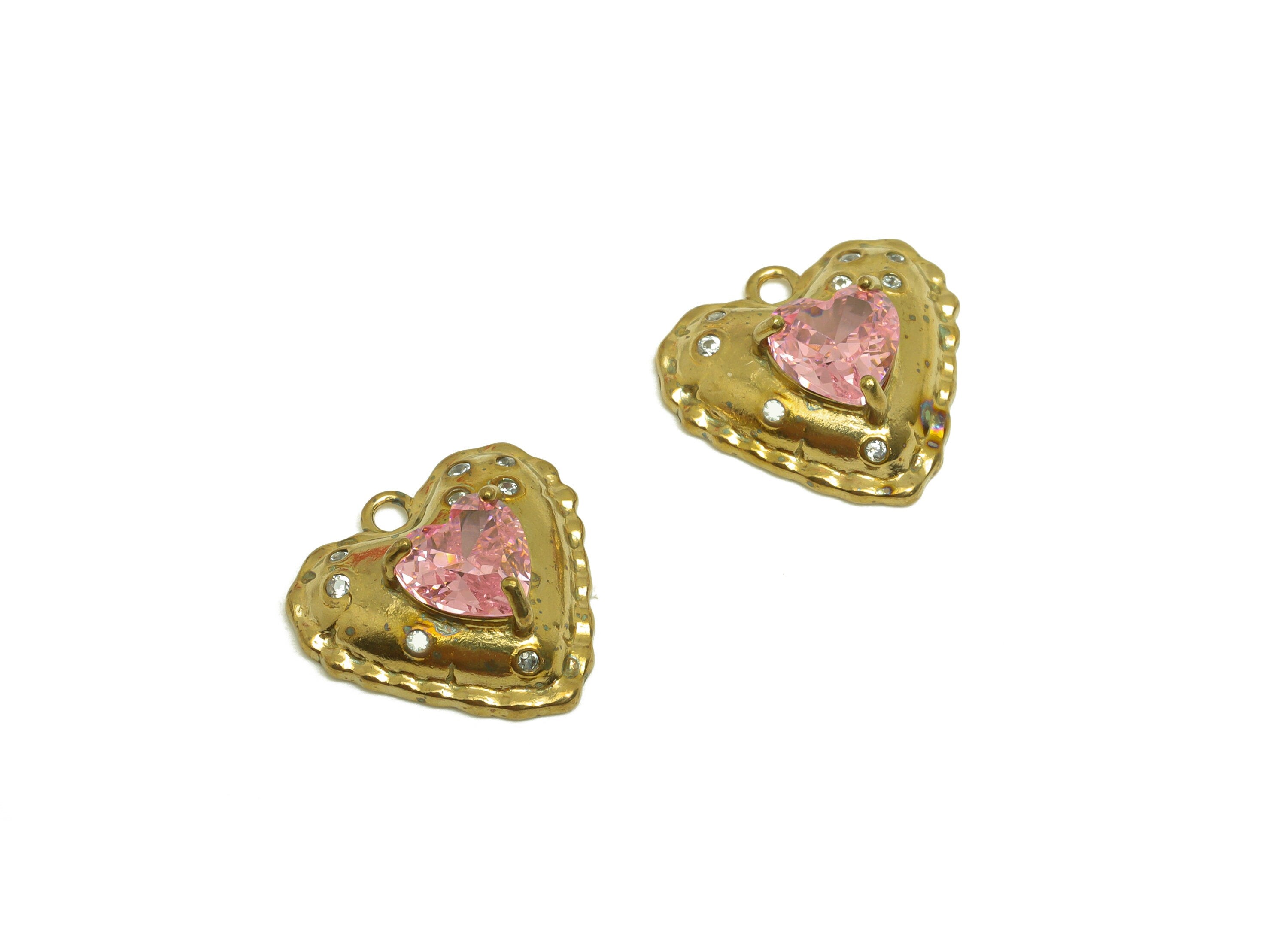 Brass CZ Heart Earring Charm - Raw Brass Zircon Pink Heart Earring Charm - Cubic Heart Earring Charm - For Pendant - 14.5x14.2x5mm - PP10693 - DOMEDBAZAAR