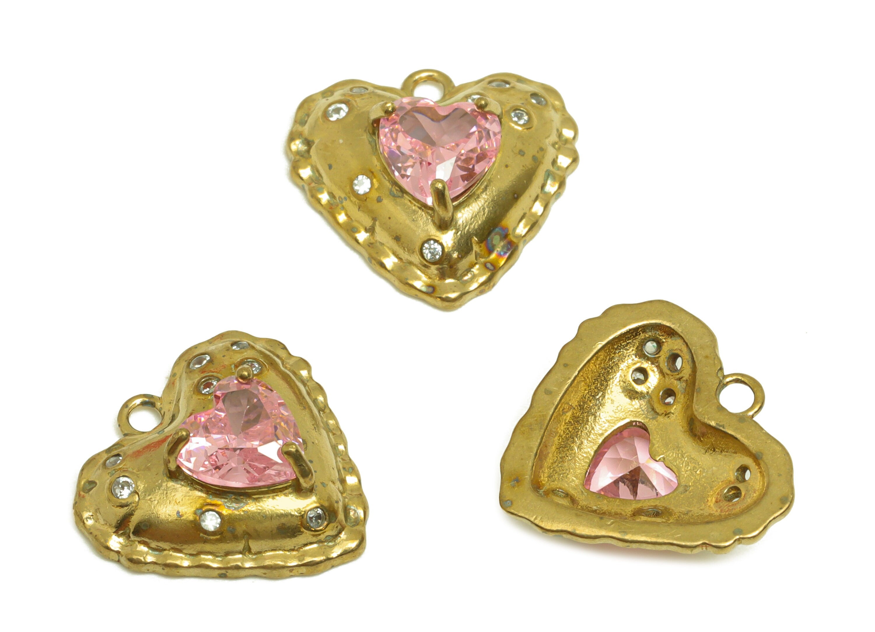 Brass CZ Heart Earring Charm - Raw Brass Zircon Pink Heart Earring Charm - Cubic Heart Earring Charm - For Pendant - 14.5x14.2x5mm - PP10693 - DOMEDBAZAAR