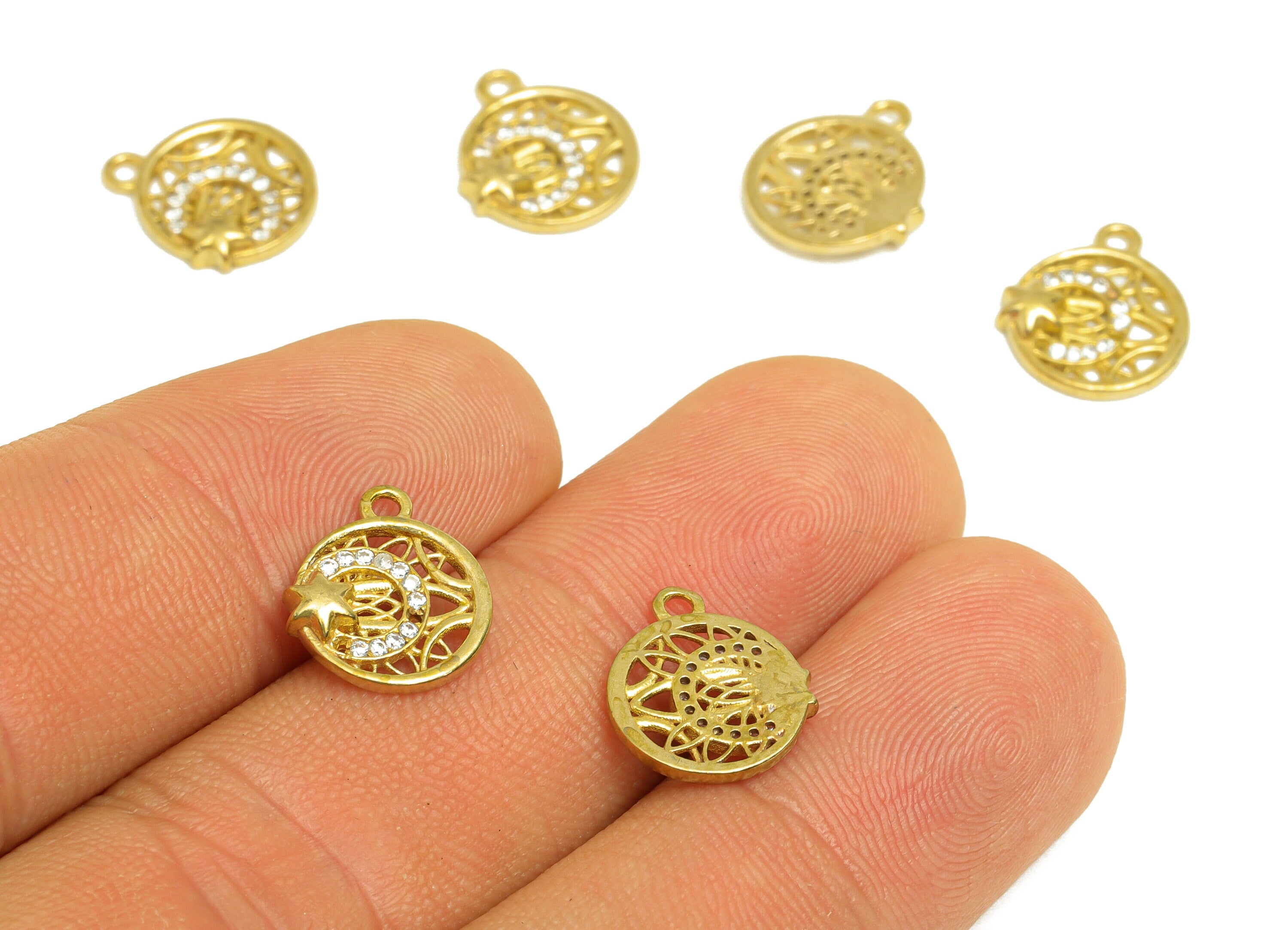 Brass CZ Round Earring Charm - Raw Brass Zircon Star Earring Charm - Brass Circle Textured Earring Charm - 12.61x11x2.4mm - PP10691 - DOMEDBAZAAR
