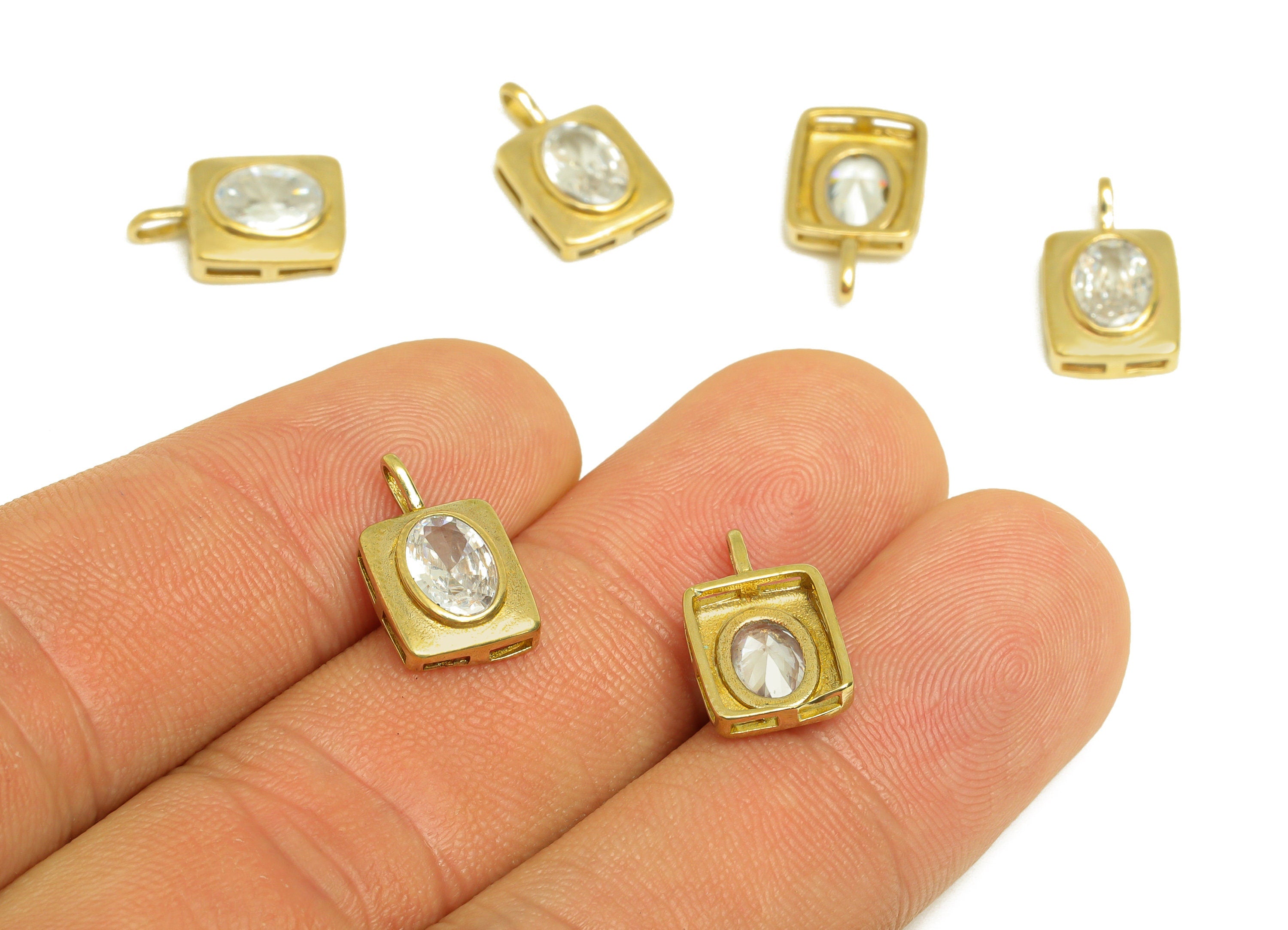 Brass CZ Rectangle Earring Charm - Raw Brass Zircon Oval Earring Charm - Brass Geometry Zircon Charm - For Pendant - 14.2x8.8x3mm - PP10716 - DOMEDBAZAAR