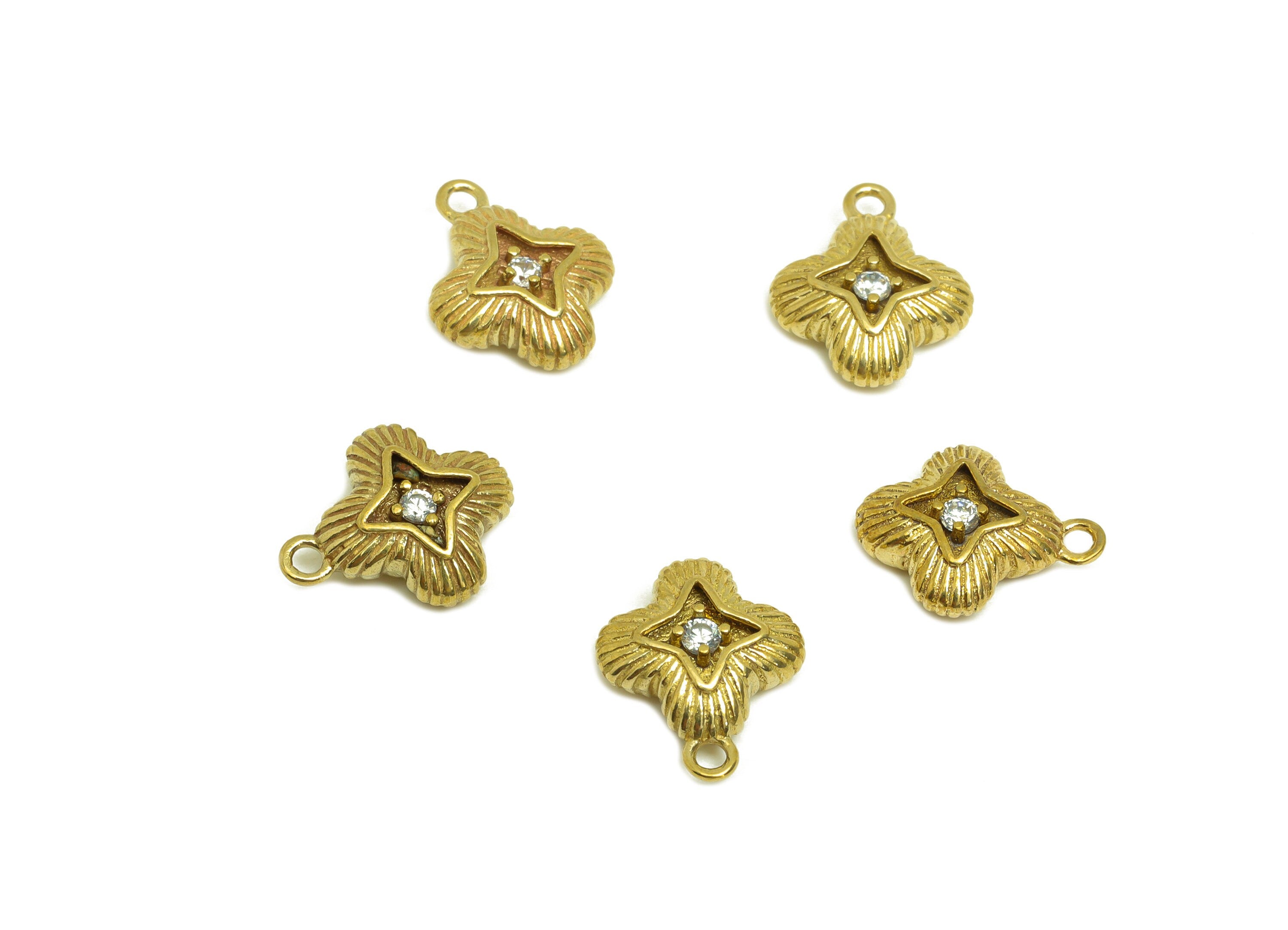 Brass CZ Four Leaf Clover Earring Charm - Raw Brass Zircon Textured Earring Charm - Flower Zircon Charm - For Pendant - 12x10x3mm - PP10717 - DOMEDBAZAAR