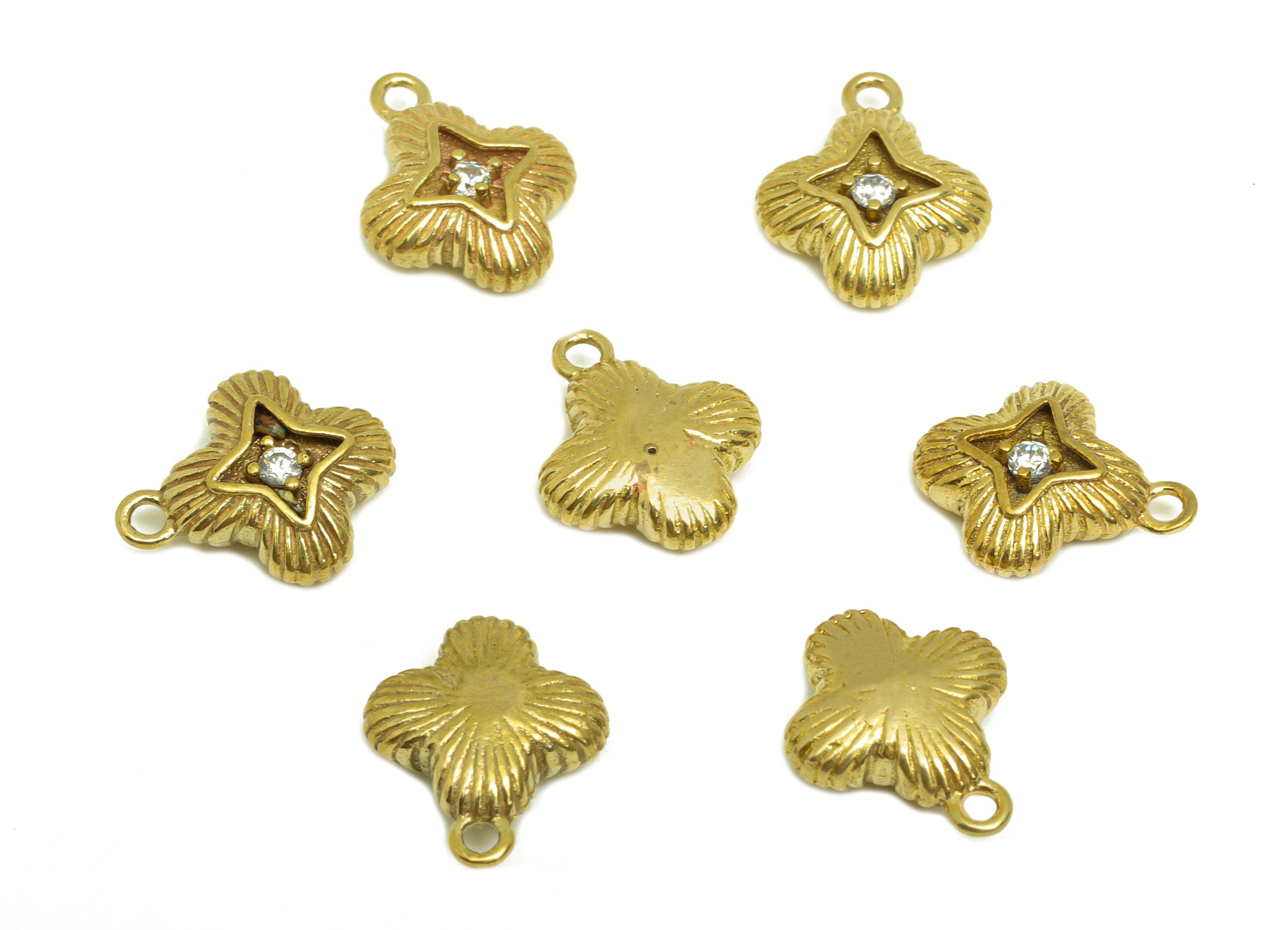 Brass CZ Four Leaf Clover Earring Charm - Raw Brass Zircon Textured Earring Charm - Flower Zircon Charm - For Pendant - 12x10x3mm - PP10717 - DOMEDBAZAAR