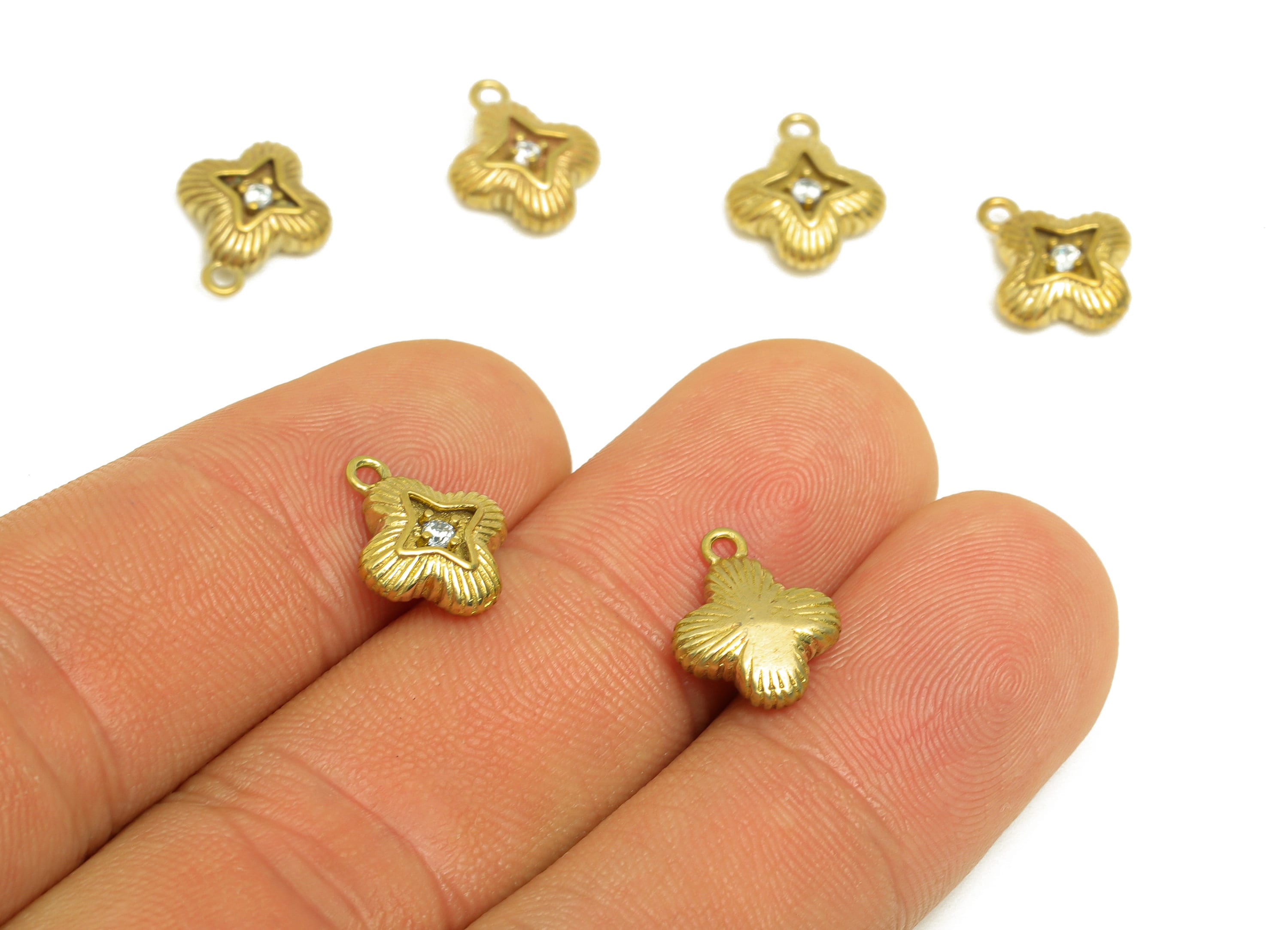 Brass CZ Four Leaf Clover Earring Charm - Raw Brass Zircon Textured Earring Charm - Flower Zircon Charm - For Pendant - 12x10x3mm - PP10717 - DOMEDBAZAAR