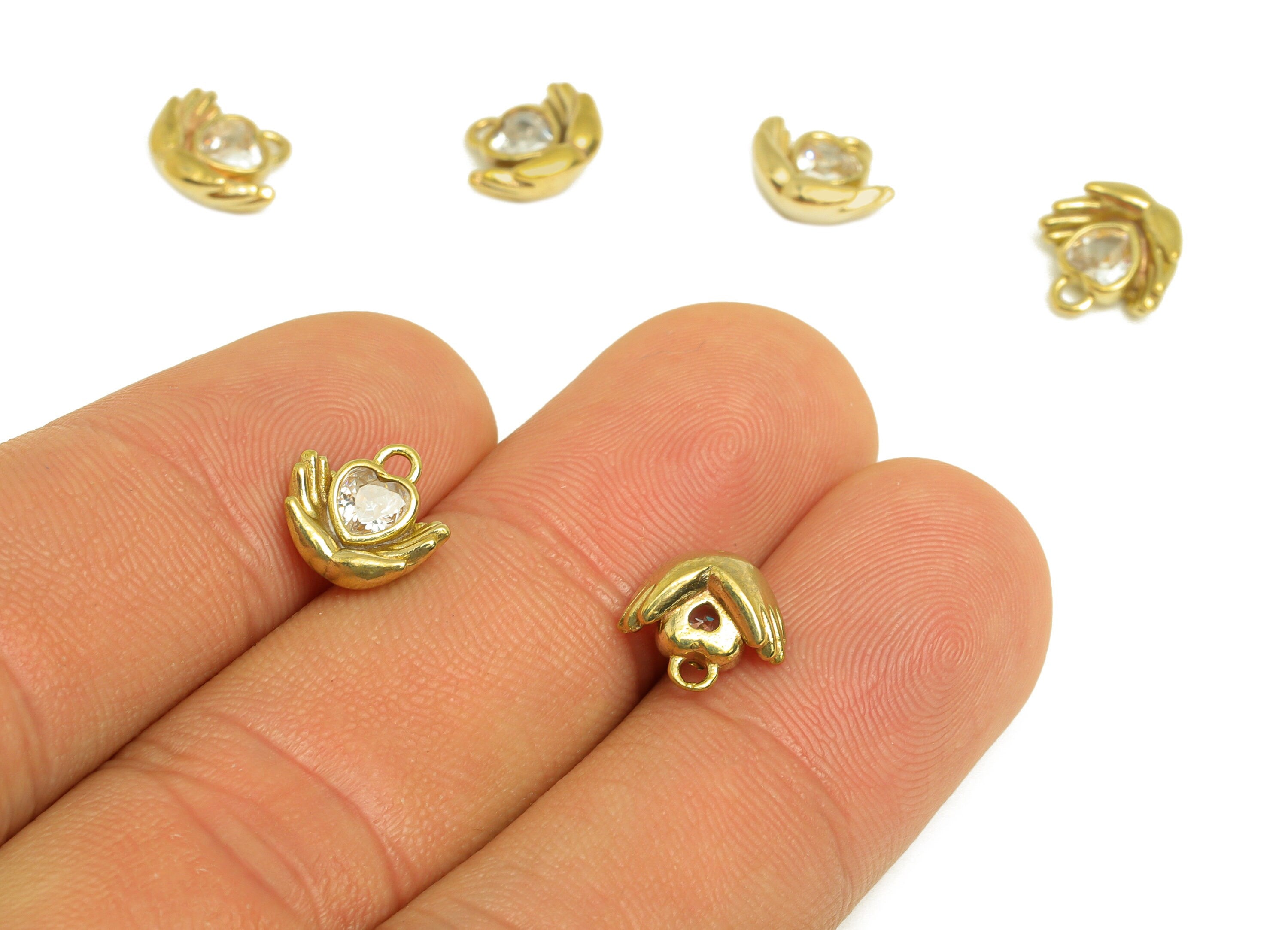 Brass CZ Hand Earring Charm - Raw Brass Zircon Heart Earring Charm - Heart Love Hand Gesture Sign - For Pendant - 9x9.4x4.14mm- PP10727 - DOMEDBAZAAR