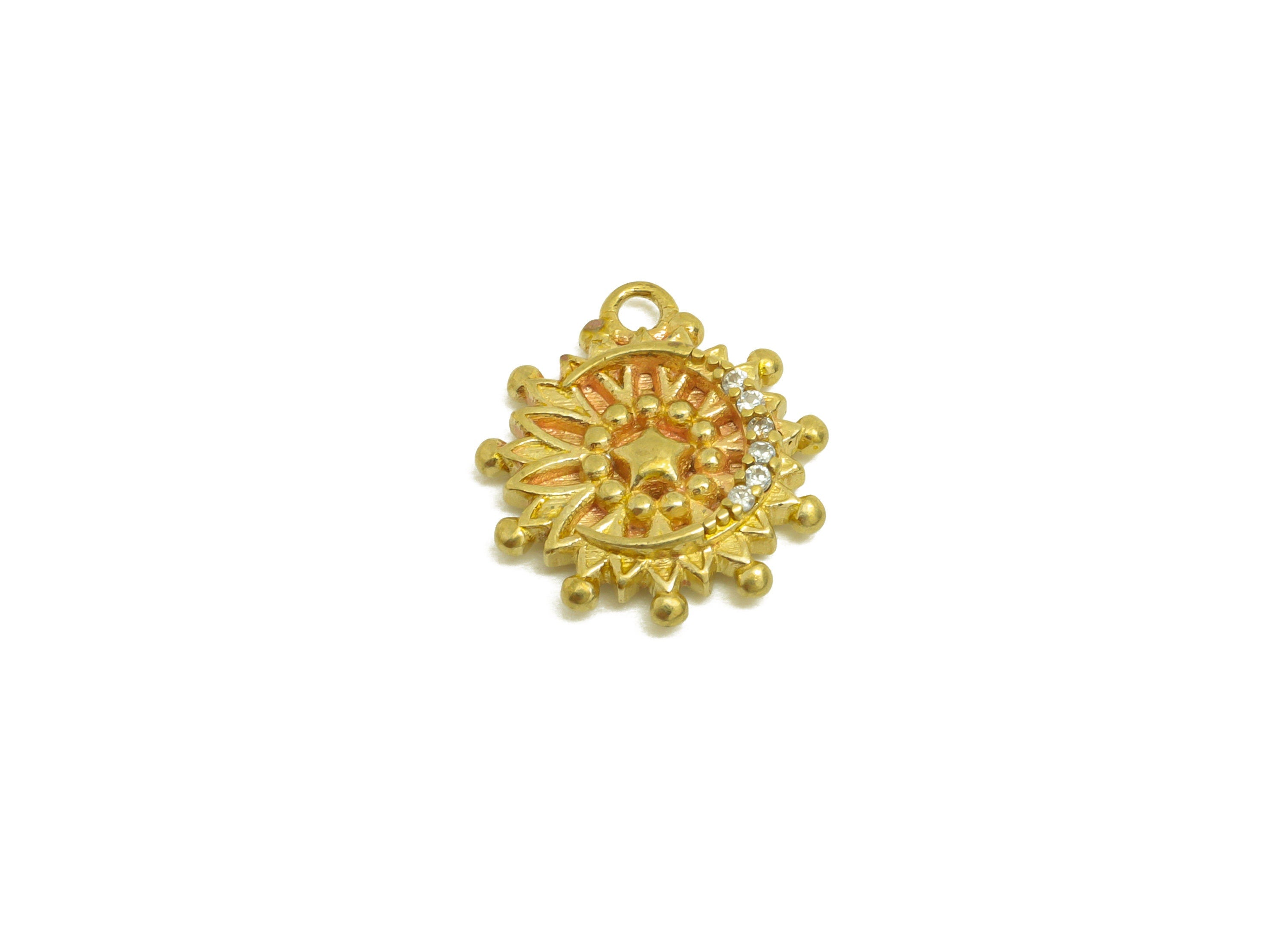 Brass CZ Star Earring Charm - Raw Brass Zircon Sunflower Earring Charm - Textured Sunflower Earring Charm - For Pendant - 13x11x2mm- PP10707 - DOMEDBAZAAR