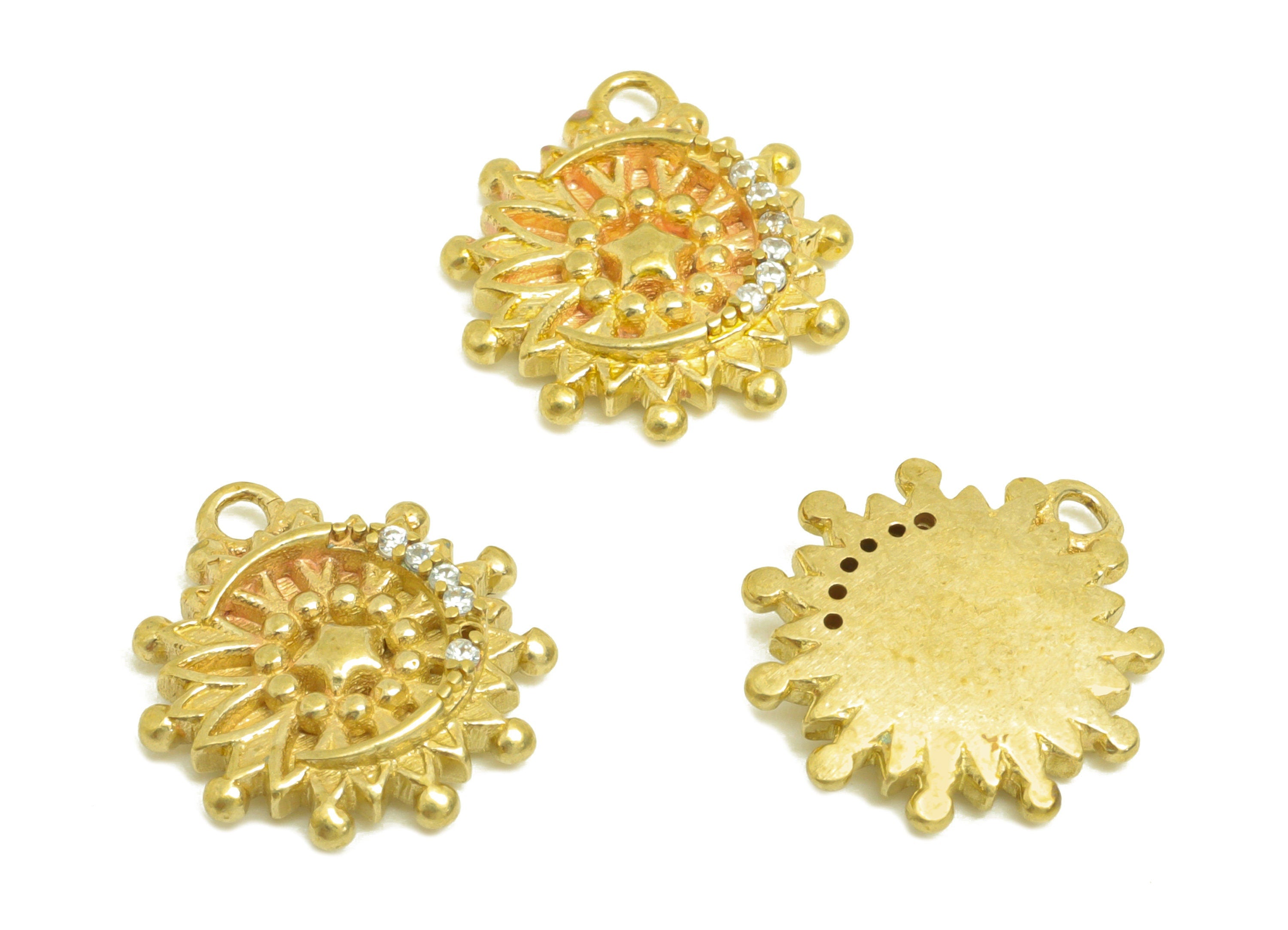 Brass CZ Star Earring Charm - Raw Brass Zircon Sunflower Earring Charm - Textured Sunflower Earring Charm - For Pendant - 13x11x2mm- PP10707 - DOMEDBAZAAR