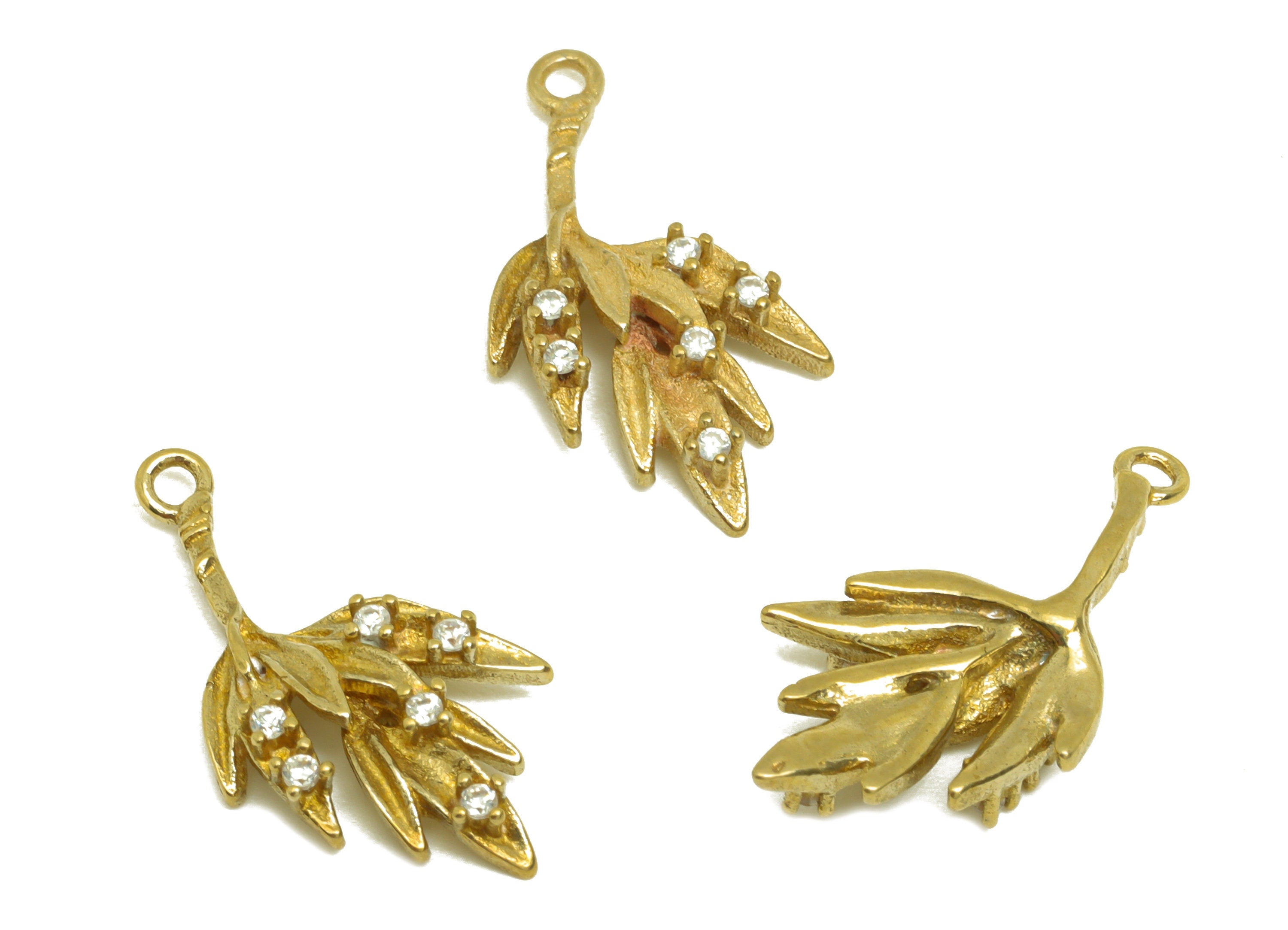 Brass CZ Leaf Earring Charm - Raw Brass Zircon Leaf Earring Charm - Brass Zircon Botanical Earring Charm - 20.6x9.88x3.54mm - PP10734 - DOMEDBAZAAR