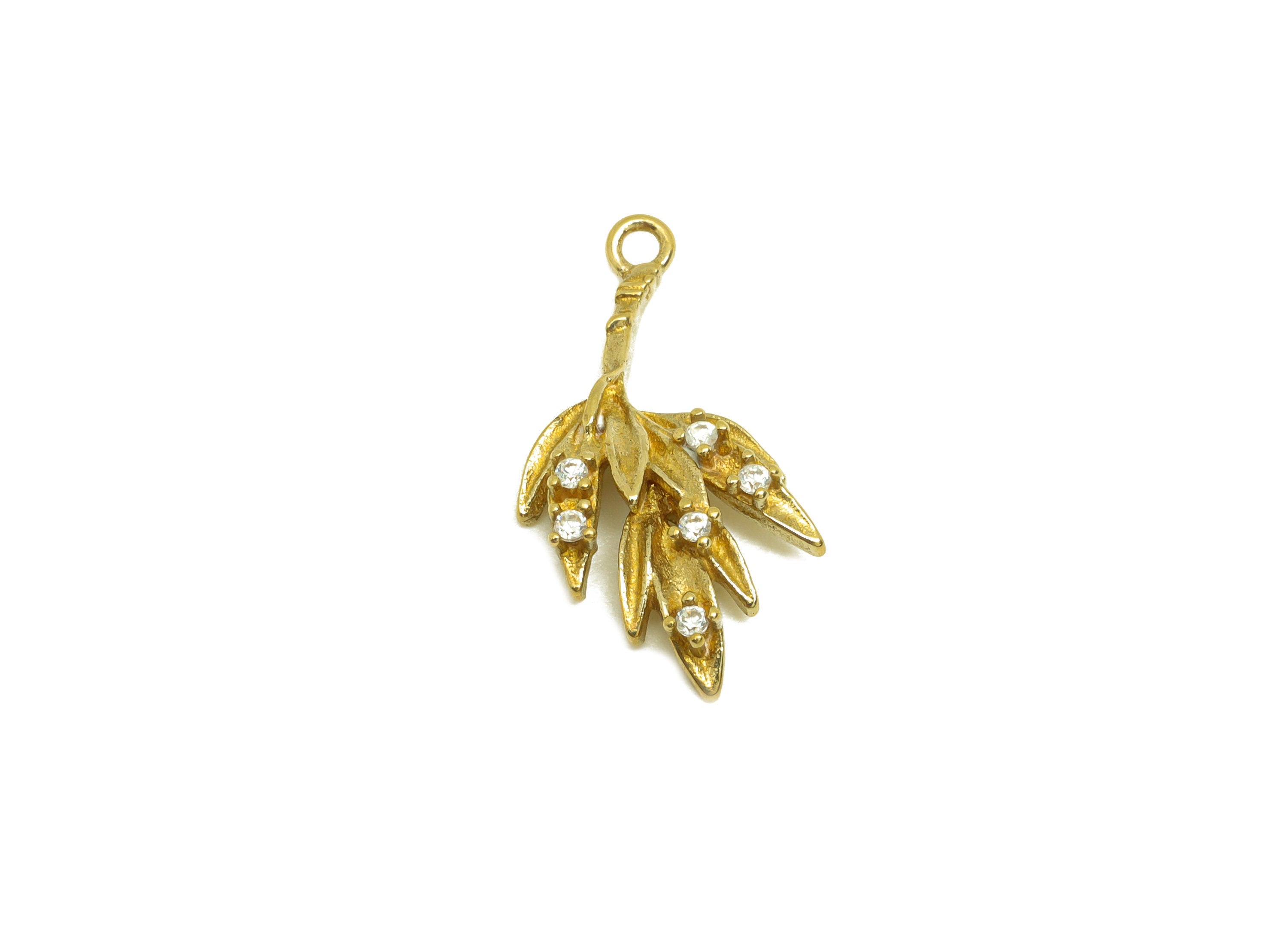 Brass CZ Leaf Earring Charm - Raw Brass Zircon Leaf Earring Charm - Brass Zircon Botanical Earring Charm - 20.6x9.88x3.54mm - PP10734 - DOMEDBAZAAR